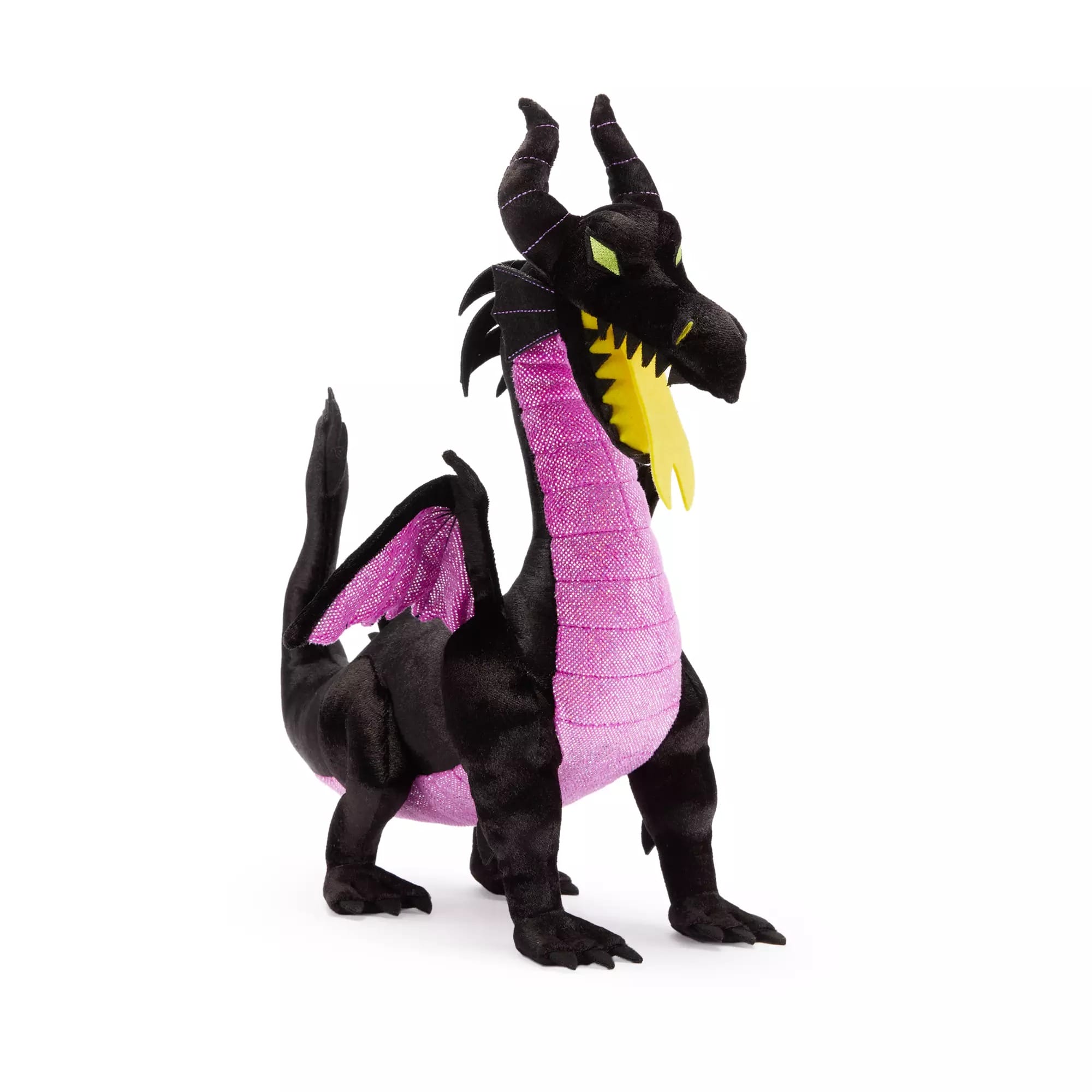 Plush dragon toy with black body, purple wings, and yellow eyes—perfect for any Disney Villains Merchandise collection.