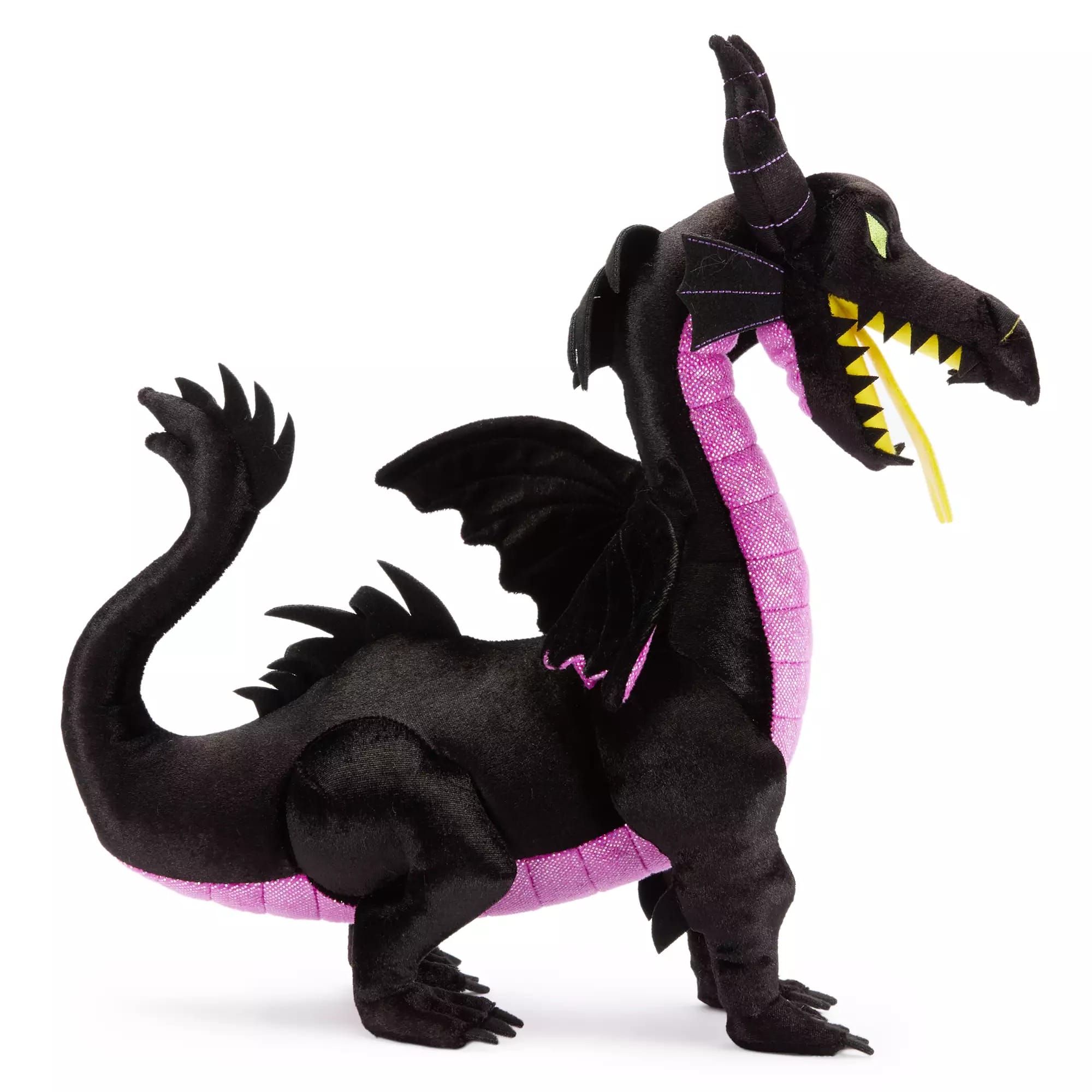 Plush black and purple dragon toy with yellow eyes, wings, and felt teeth—perfect for Disney Villains merchandise fans.