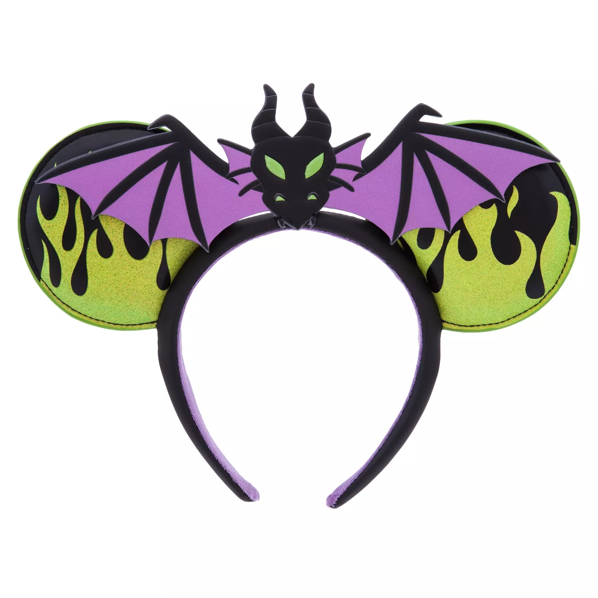 Headband with green and black Mickey ears, flames, and a Maleficent dragon—perfect for Disney Villains merchandise fans.