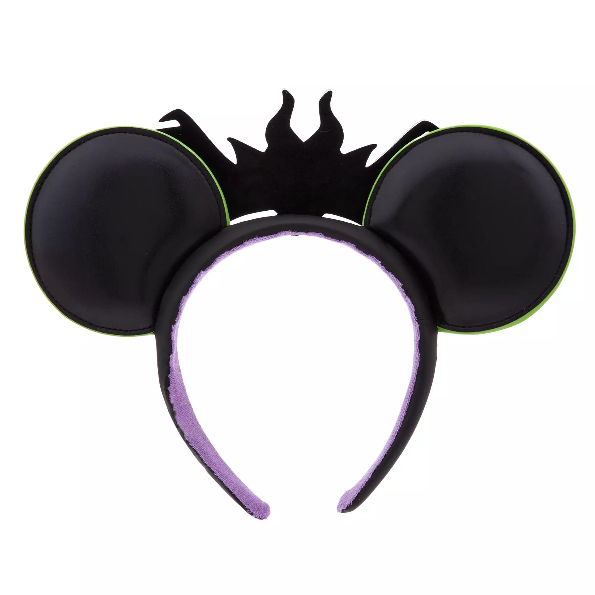 Black headband with large mouse ears, green trim, and a spiky crown inspired by Disney Villains.
