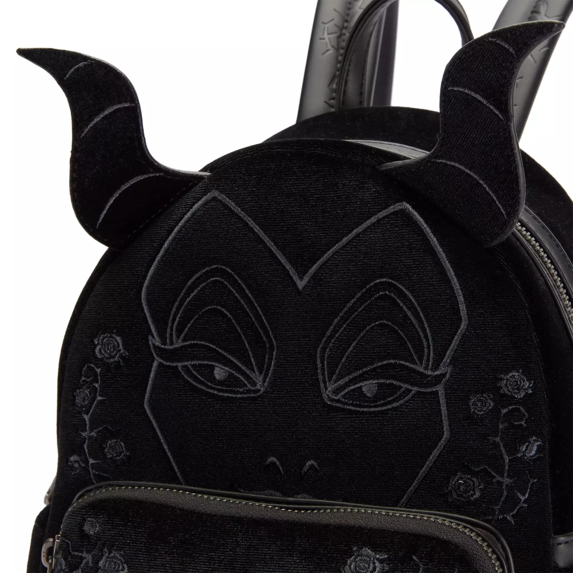 Black backpack with Maleficent-inspired horns and floral details—perfect for fans of Disney Villains merchandise.