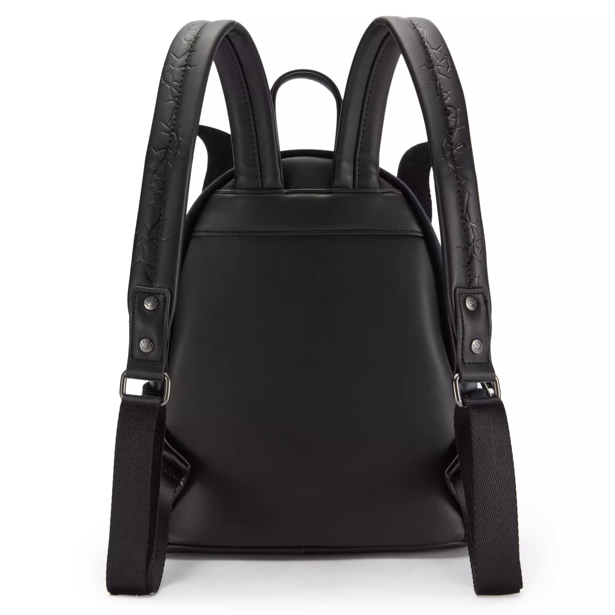Back view of a black leather backpack with adjustable straps, stitched detailing, and subtle Disney Villains flair.