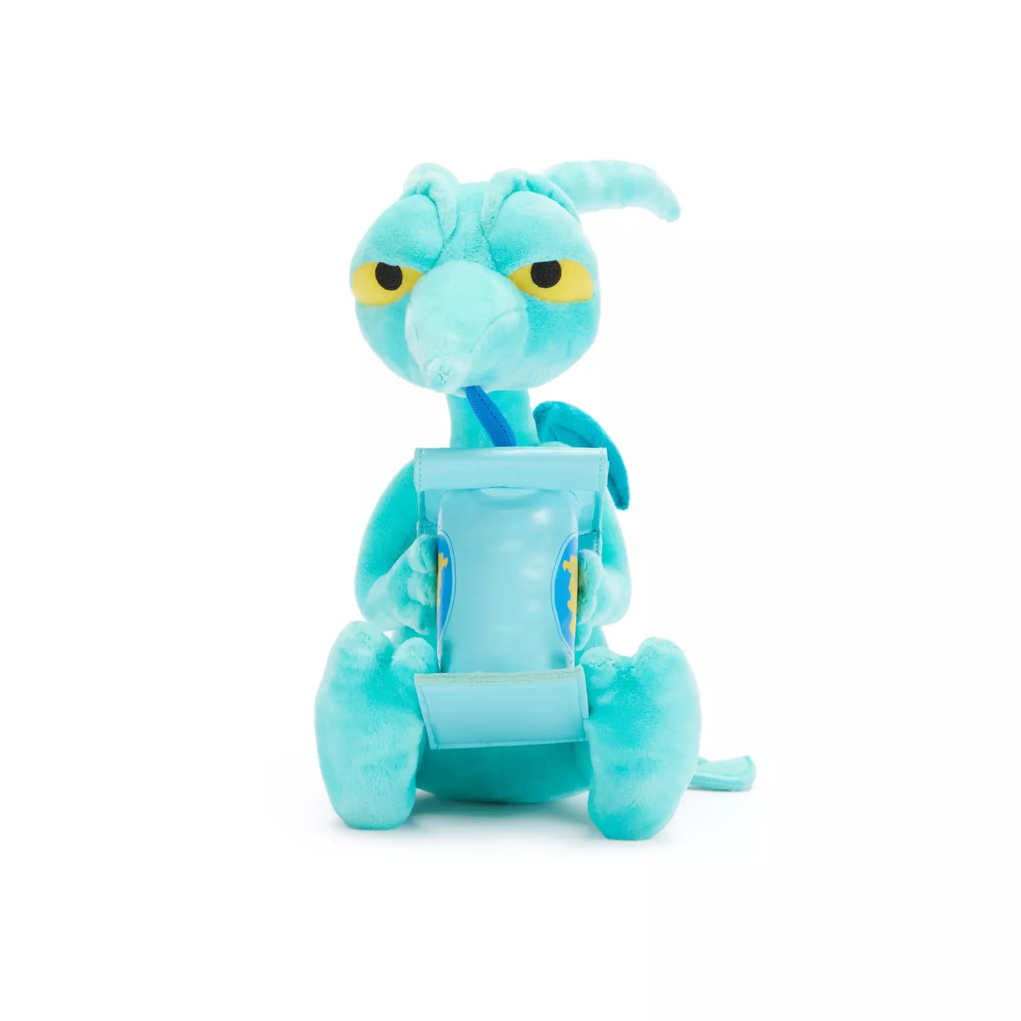 Blue plush ant toy with droopy yellow eyes, holding a blue cup, perfect for Disney Villains Merchandise collectors.