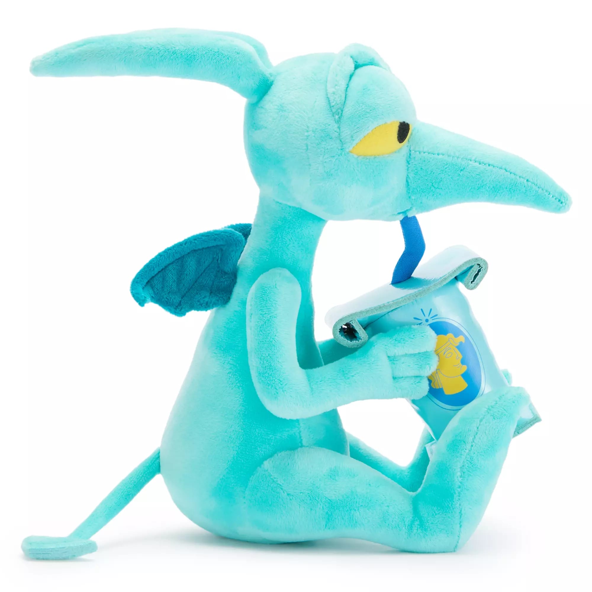 A blue plush creature with wings sips from a cup—perfect for fans of Disney Villains merchandise.