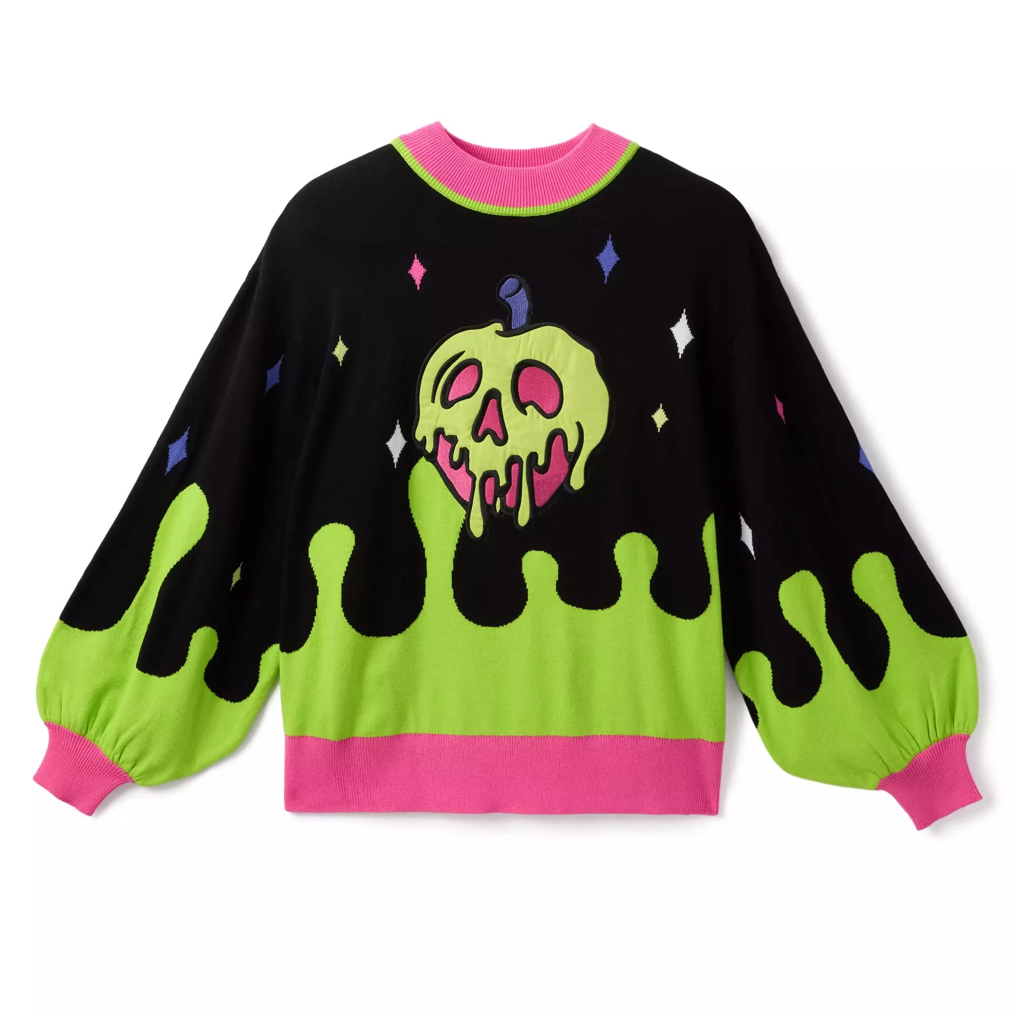Black sweater with neon green dripping design, poison apple graphic—perfect Disney Villains merchandise for fans.