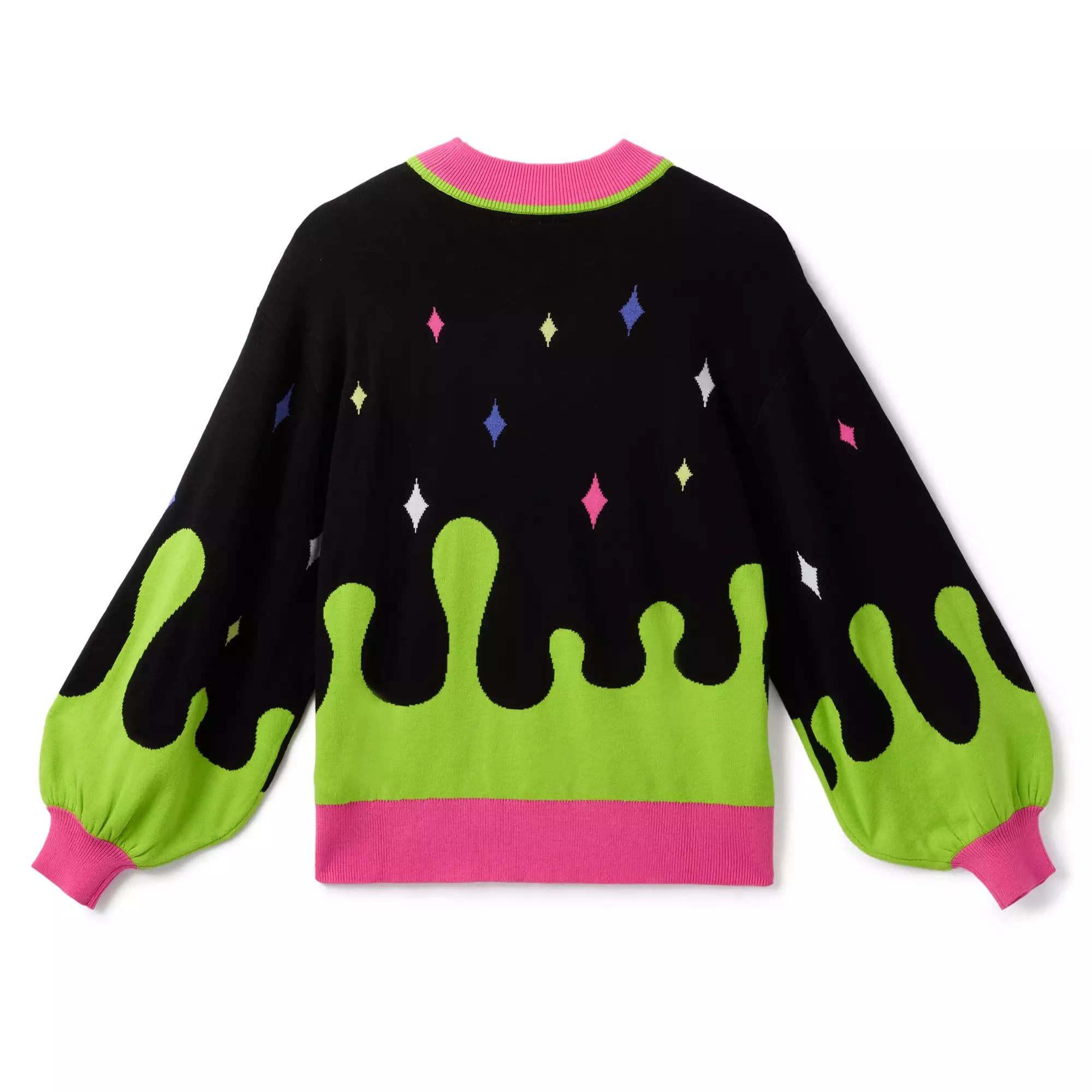 A black sweater with green drip, pink accents, and colorful diamonds, inspired by Disney Villains merchandise.