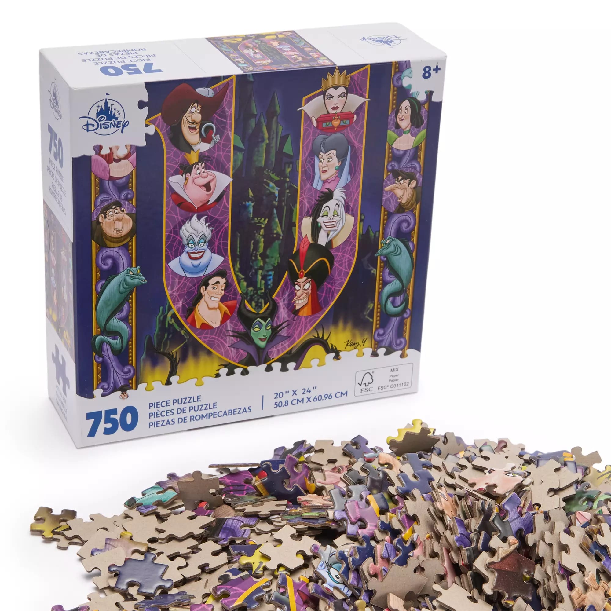 A 750-piece Disney Villains puzzle box featuring iconic villains, with loose pieces scattered in front.