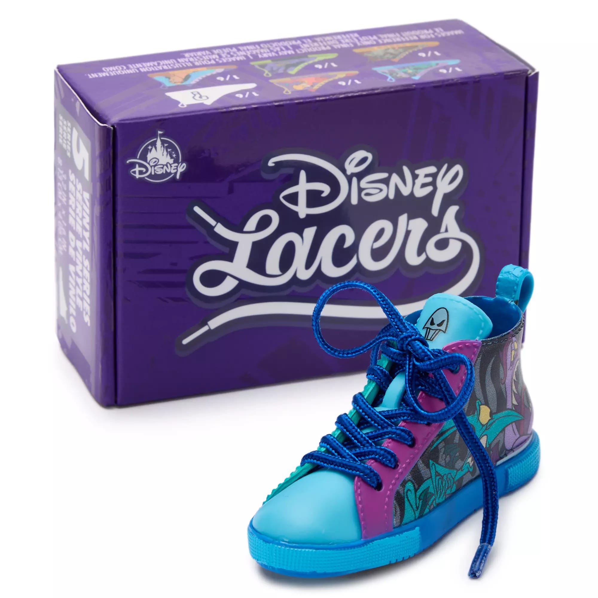 A colorful Disney Villains-themed sneaker with blue laces in front of a purple Disney Lacers box.