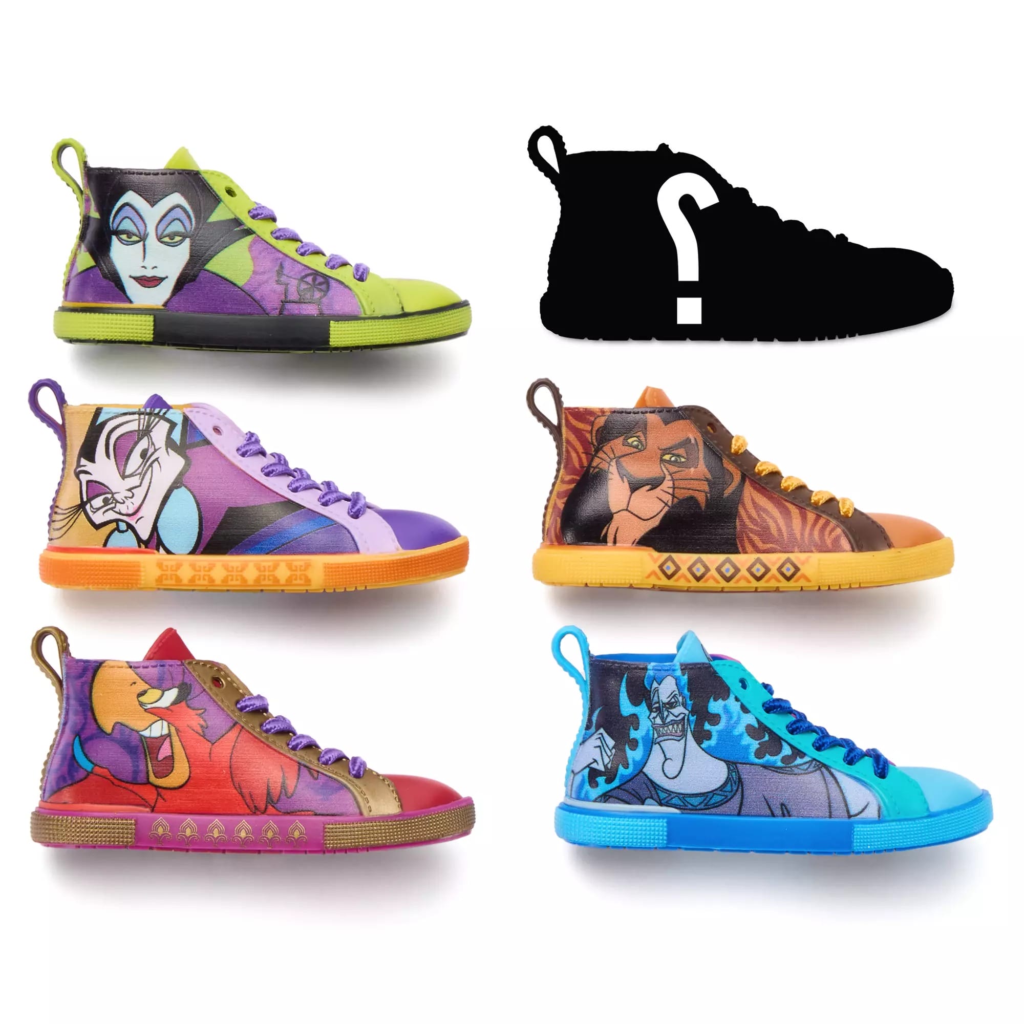Six colorful Disney Villains sneakers, part of exclusive Disney Merchandise—one hidden under a black question mark.