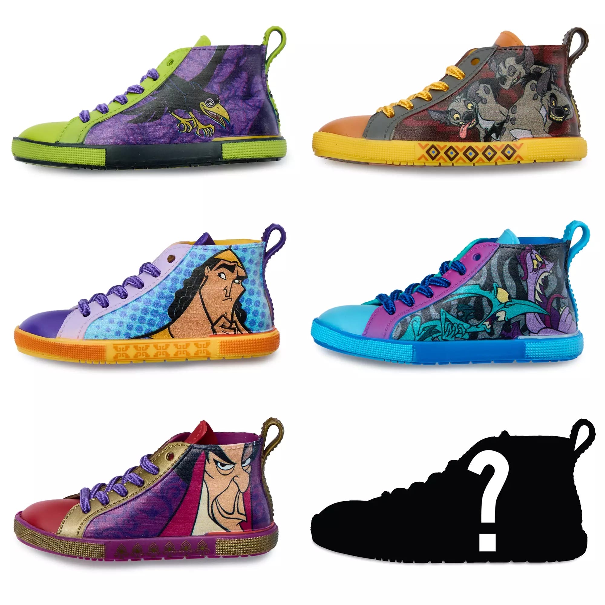 Six cartoon-themed sneakers feature colorful designs with Disney Villains and one mystery silhouette with a question mark.