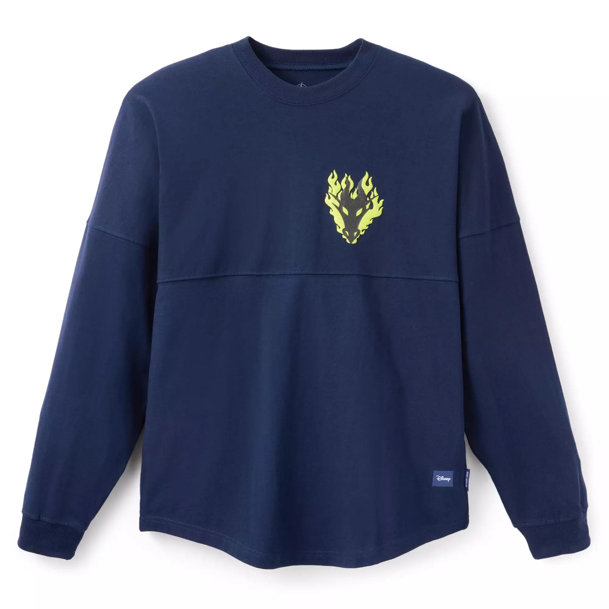 Navy blue long-sleeve shirt with a small neon yellow flame graphic, part of our Disney Villains Merchandise.
