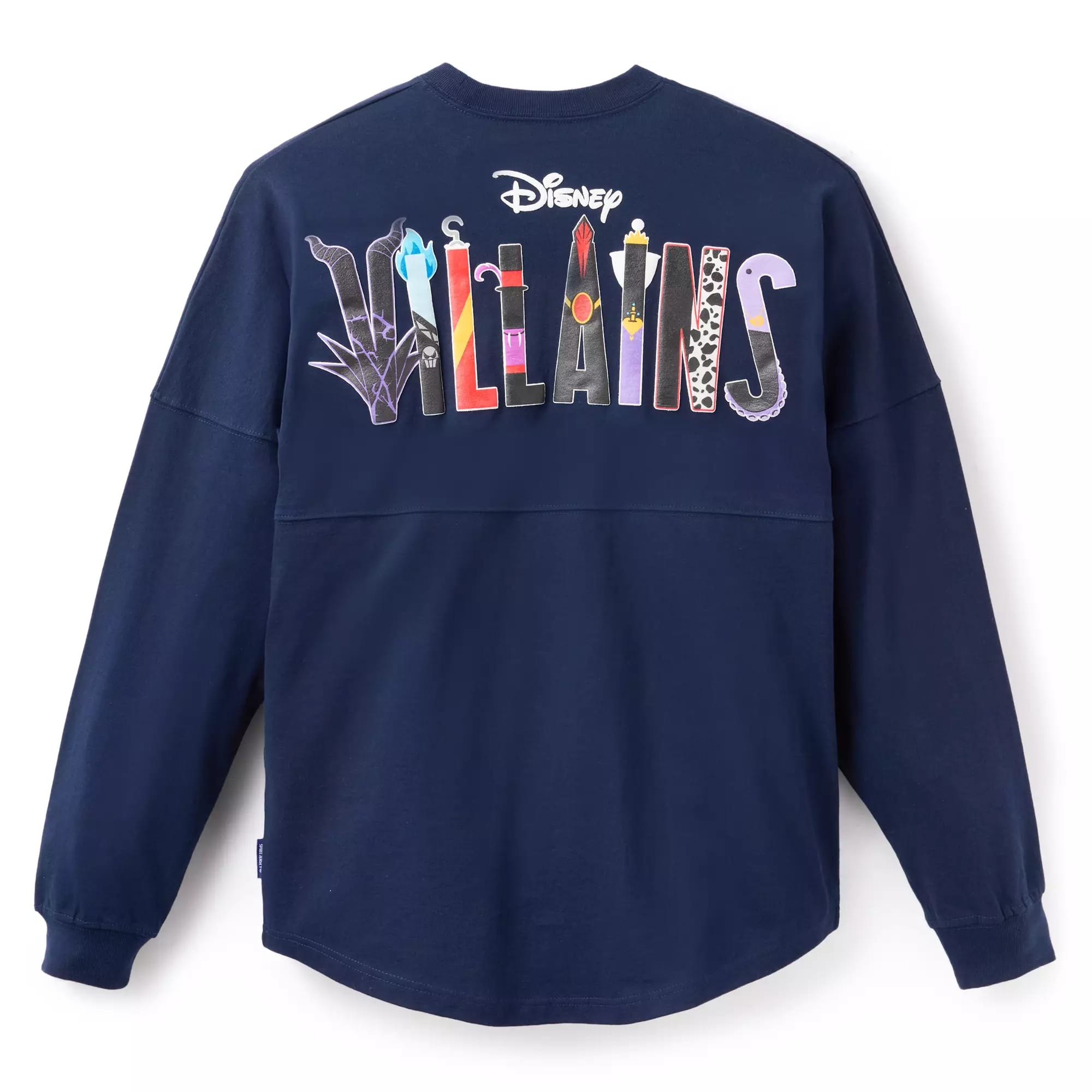 Navy long-sleeve shirt with “Disney Villains” text, a must-have Disney Villains Merchandise piece with villain-inspired designs on back.