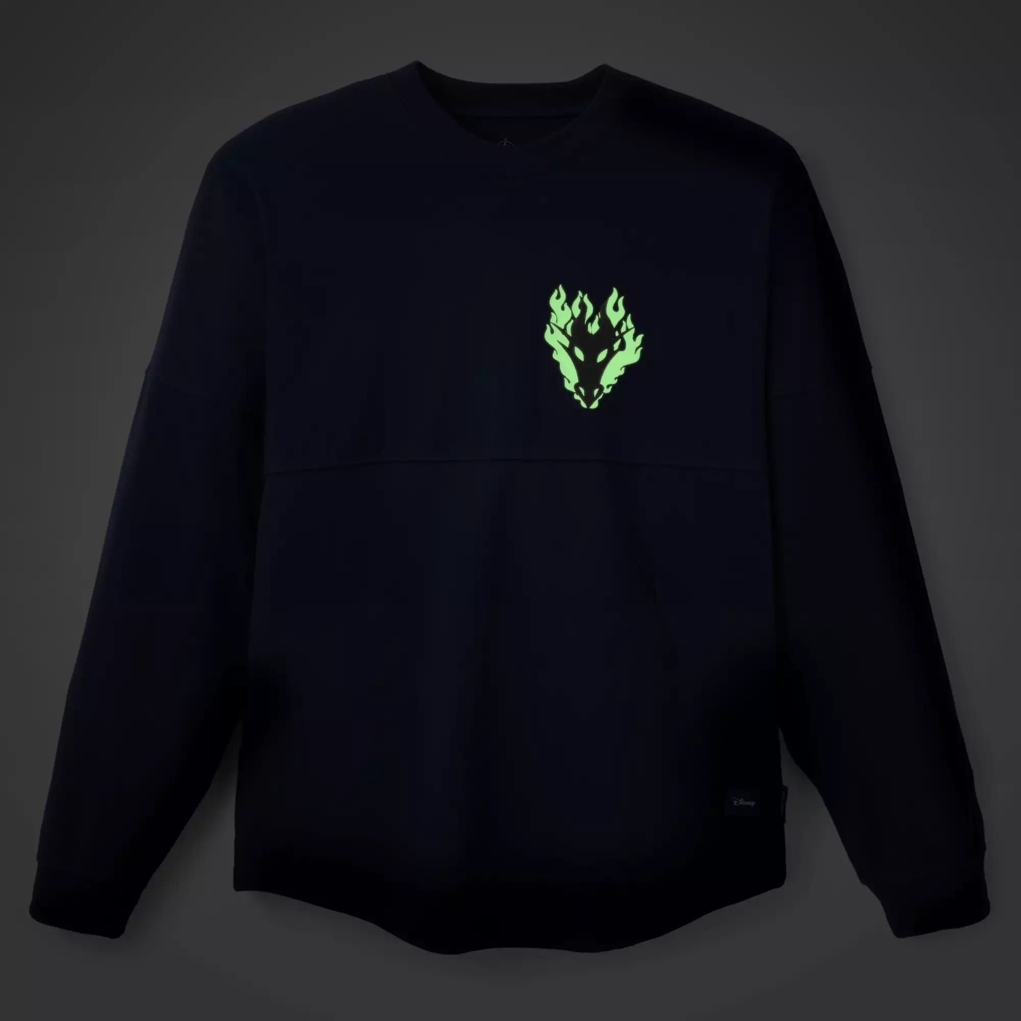 Black sweatshirt with a glowing neon green flame-shaped logo—perfect for Disney Villains Merchandise collectors.