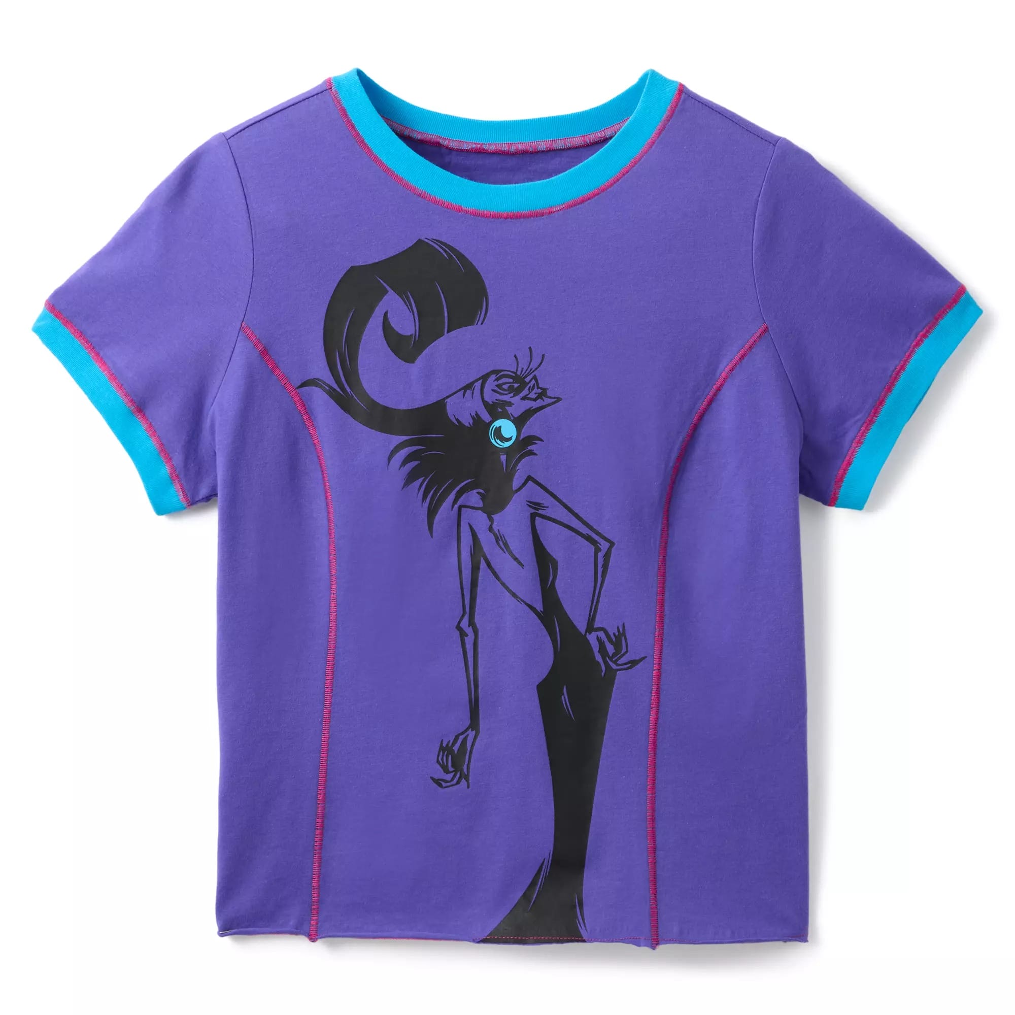 Purple T-shirt with blue trim featuring a black graphic of a Disney Villains character with a tall collar and dramatic pose.