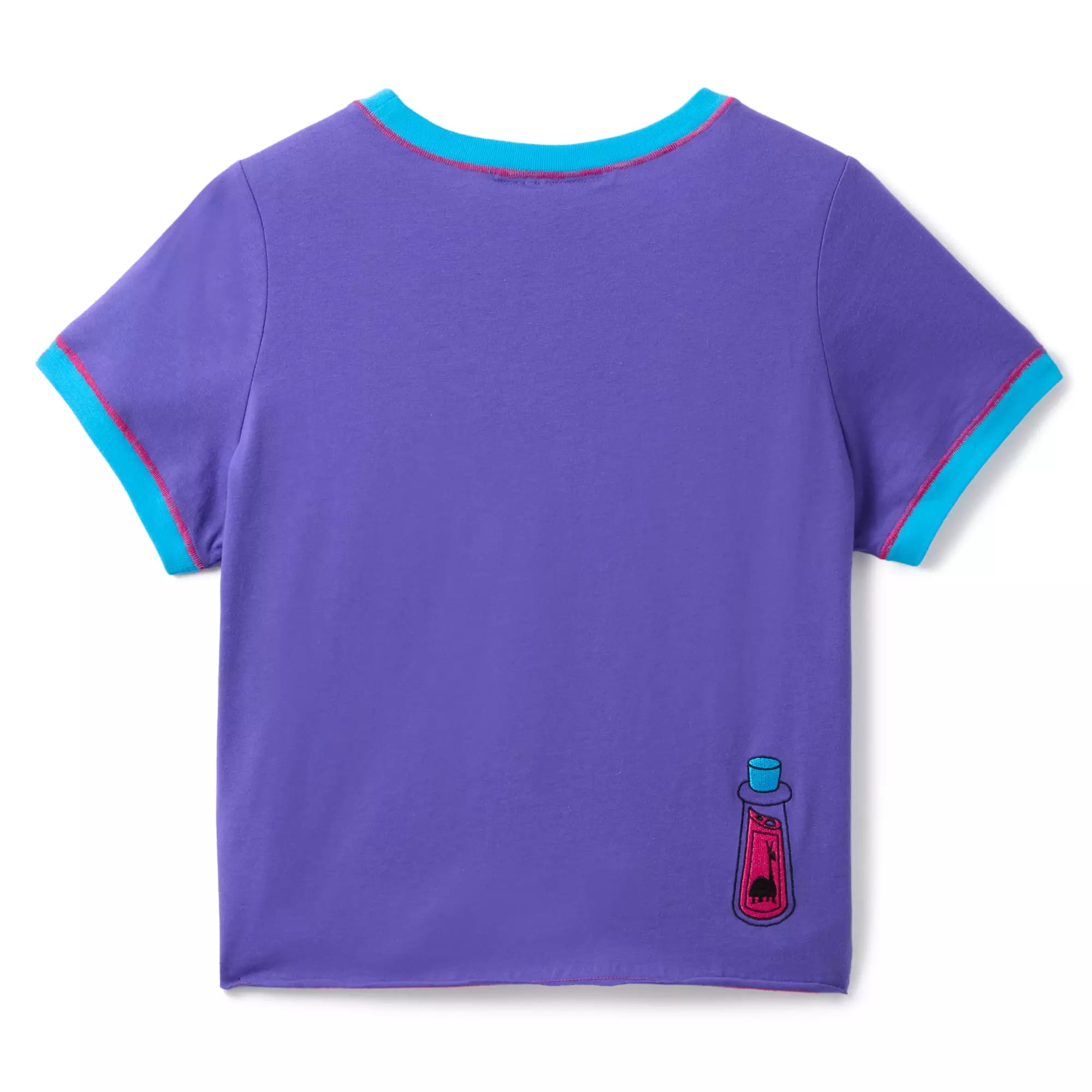 Purple short-sleeve shirt with blue trim, featuring a pink potion bottle—perfect for Disney Villains merchandise fans.