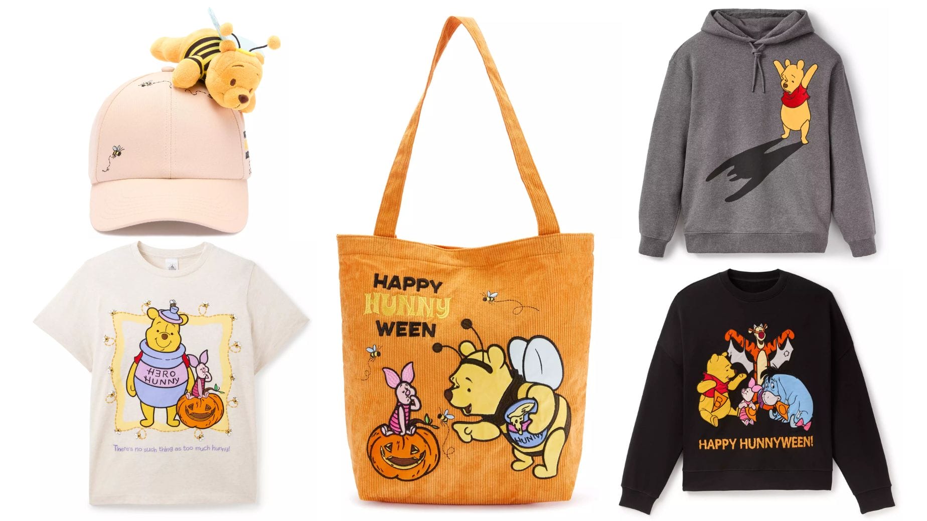 Discover five Winnie the Pooh Halloween merchandise items, including a hat, tote bag, T-shirt, hoodie, and sweatshirt.