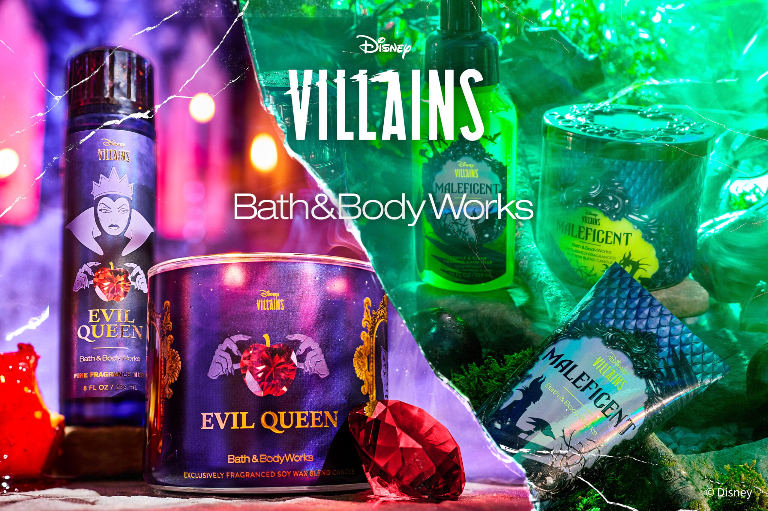 Bath & Body Works Disney Villains Collection with Maleficent and Evil Queen-inspired body and home products.