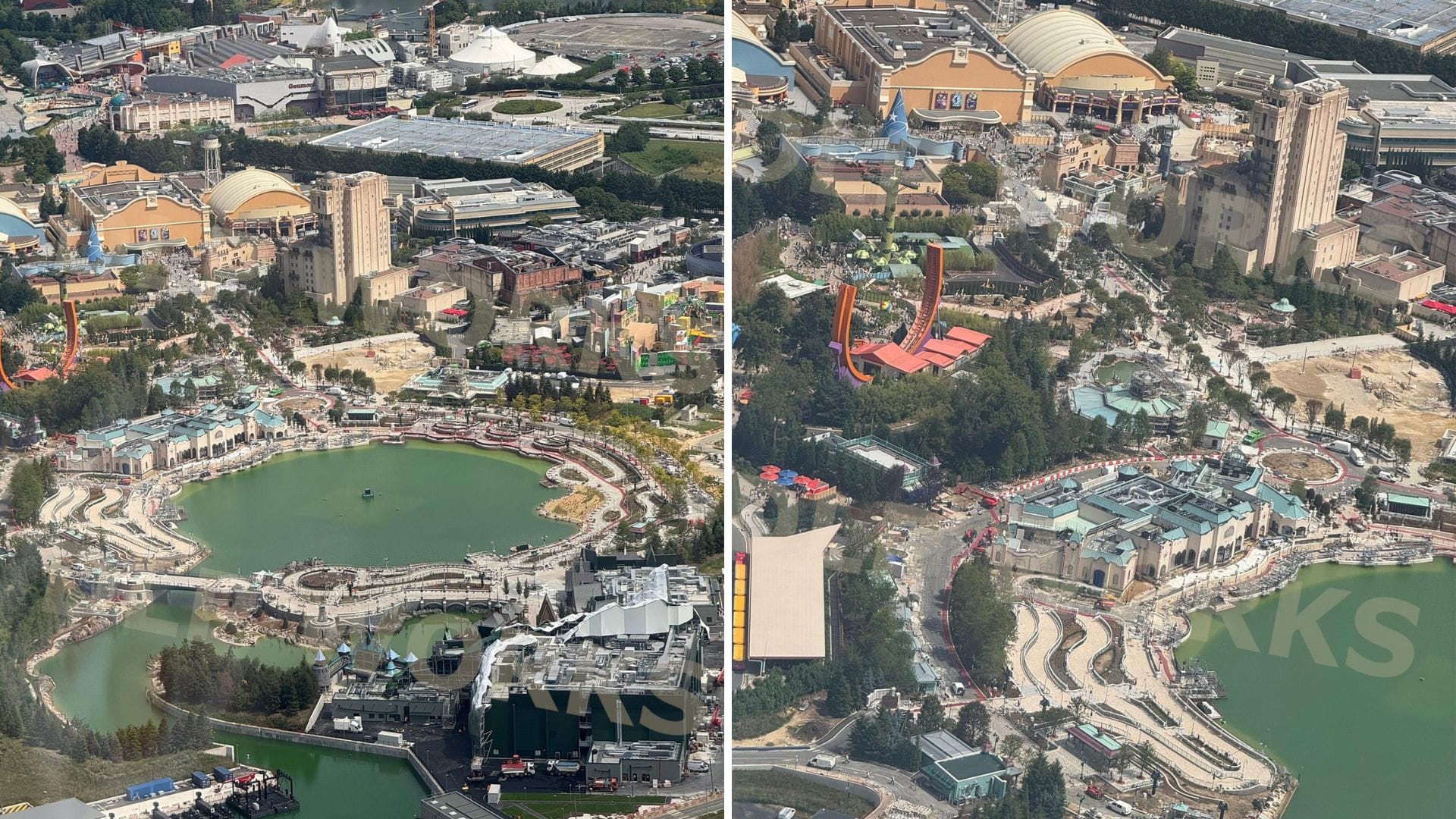 Aerial view of Disney Adventure World with a lake, rides, pathways, and buildings under construction.