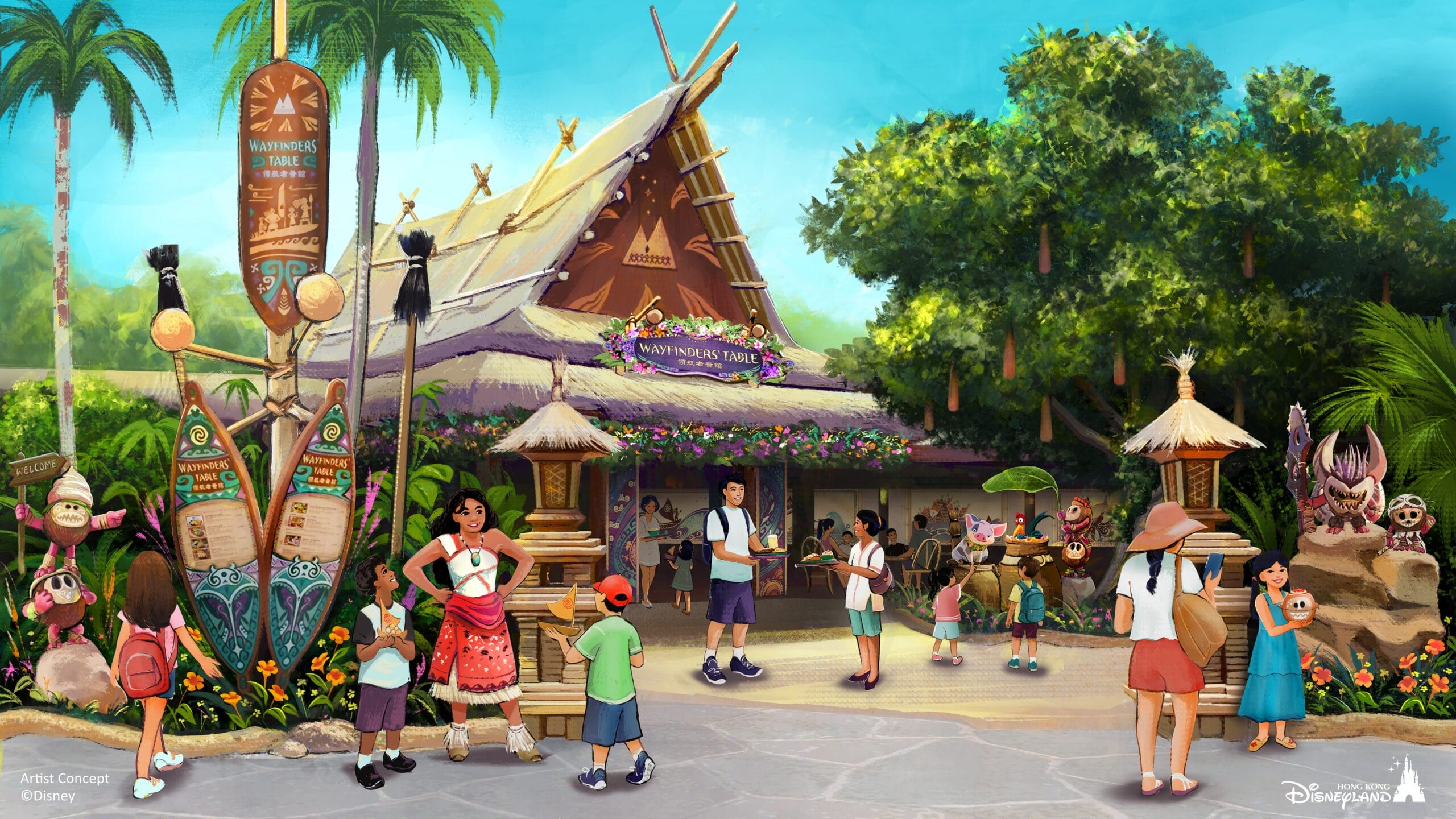 People gather outside the Tahitian Terrace, a tropical-themed Moana attraction adorned with lush plants and Polynesian designs.