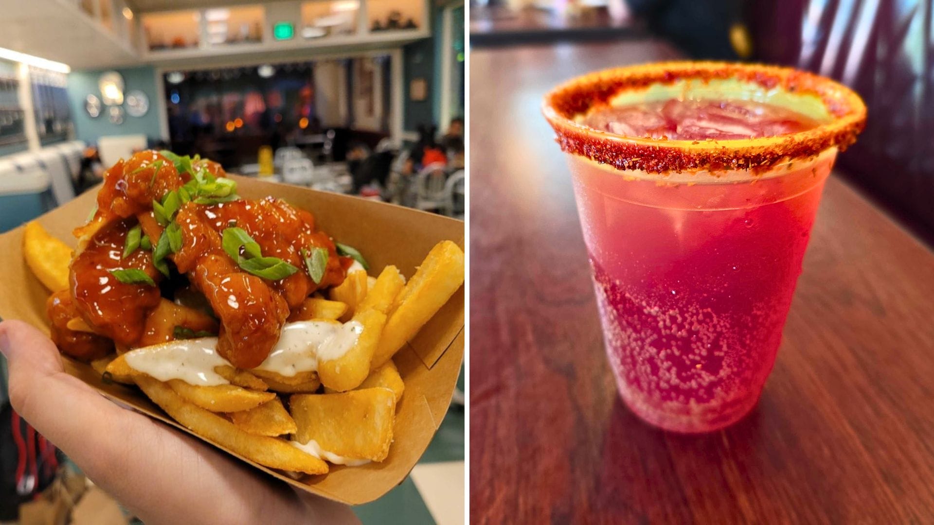 Left: Spicy Chicken fries with green onions. Right: Blackberry Margarita at Flo's V8 Cafe, rimmed with chili powder.