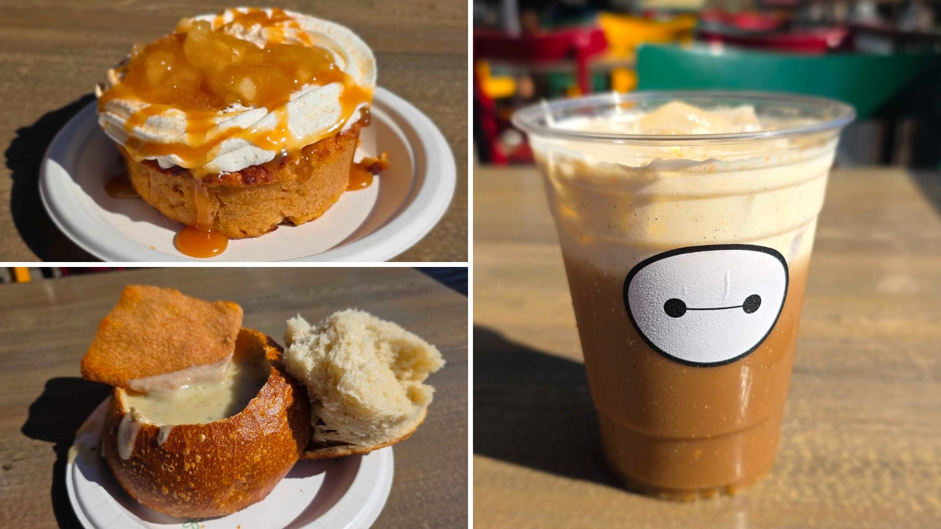 Collage of Aunt Cass Cafe bread pudding with caramel, clam chowder in a bread bowl, and a Baileys iced coffee in a cartoon cup.