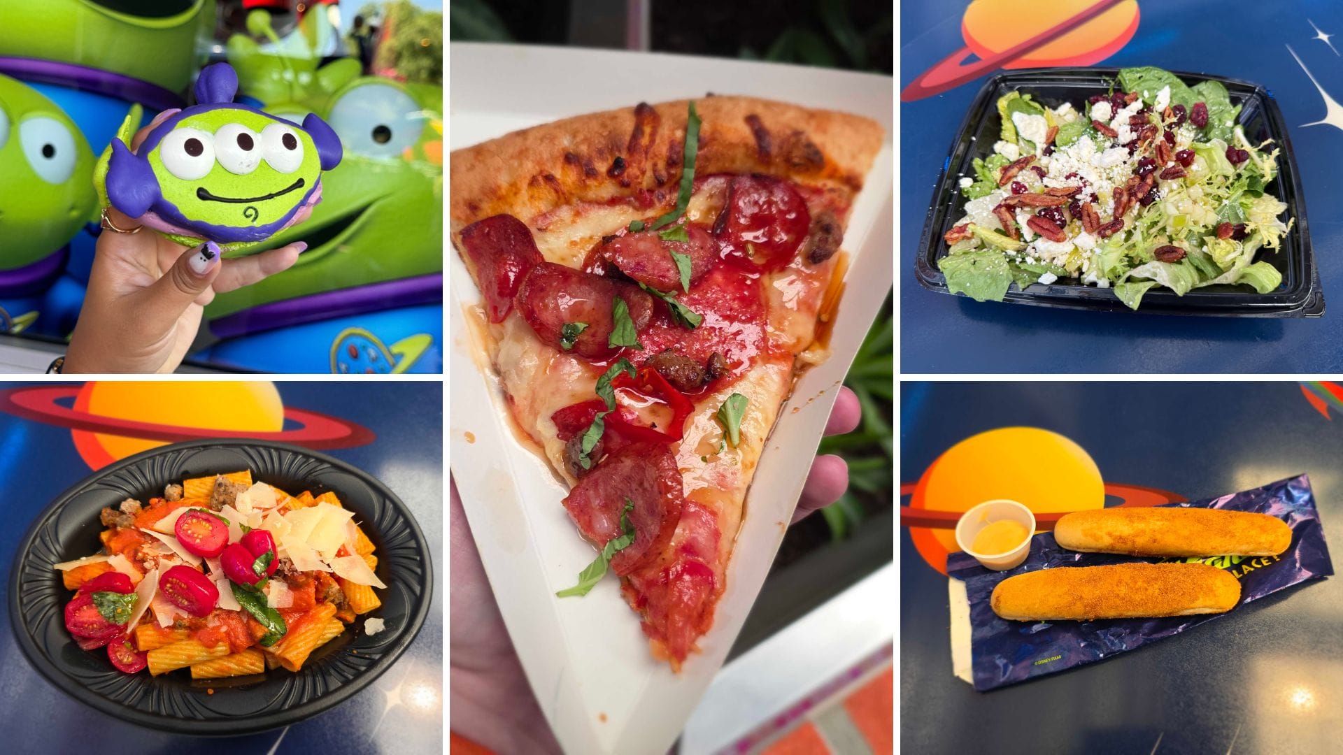 Collage of themed foods from Alien Pizza Planet at Halloween Disneyland: alien macaron, pizza, salad, pasta, and corn dogs.