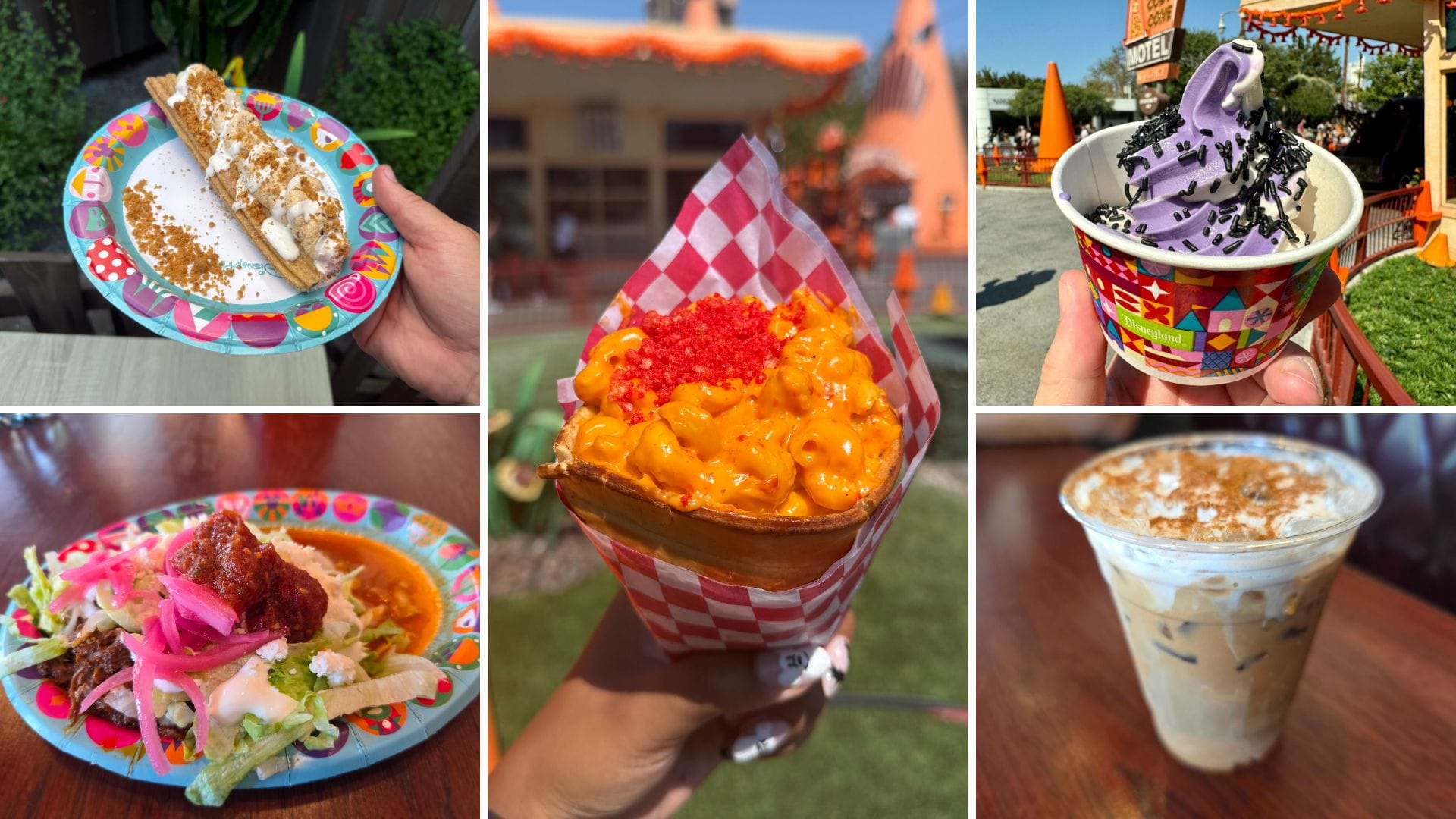 A collage of colorful foods from Cozy Cone Motel: churro, mac and cheese cone, ice cream, taco, and iced coffee with cinnamon.