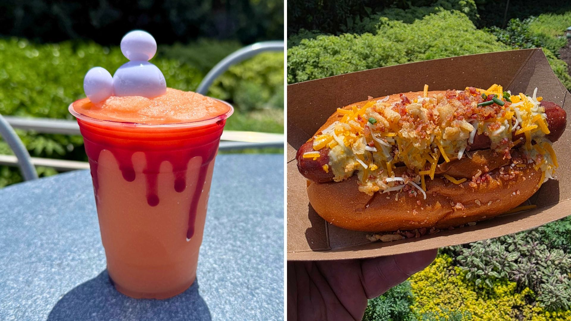 Left: Galactic Grill’s Halloween orange slush with a Mickey topper. Right: Hot dog with cheese and crumbs at Disneyland.