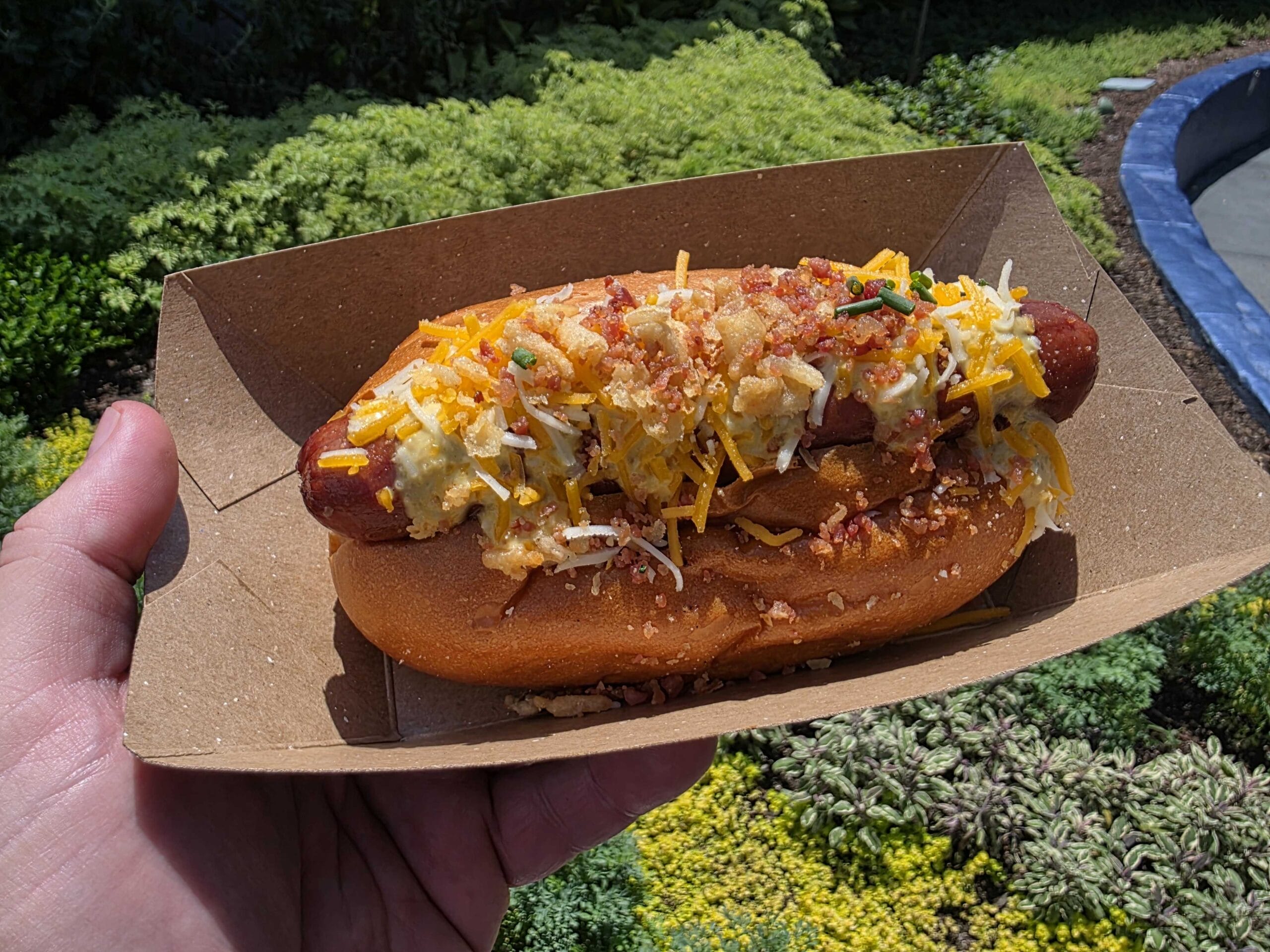 A hand holds a hot dog topped with cheese, bacon bits, and chives at Galactic Grill outdoors in Disneyland.