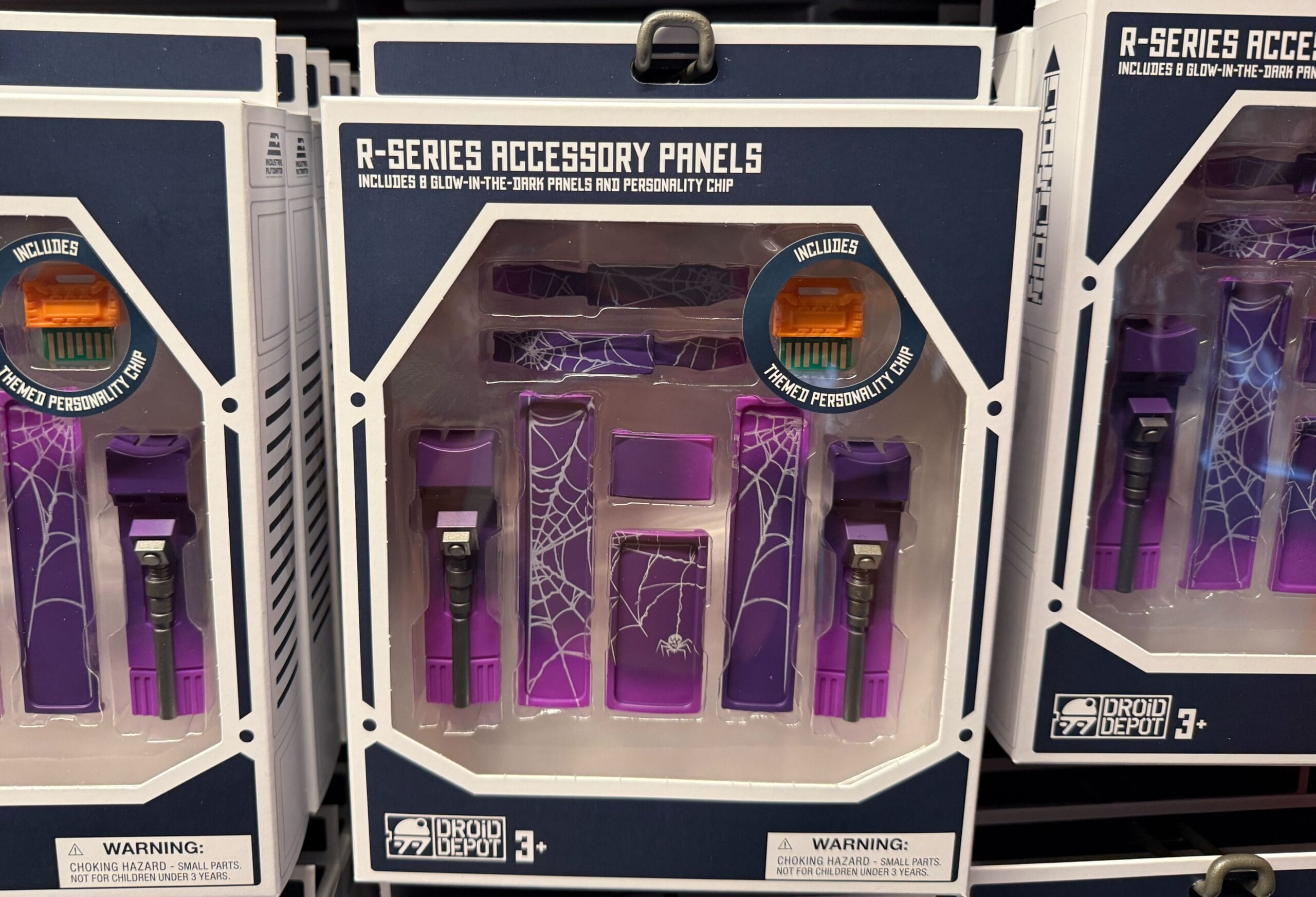 R-Series purple droid accessory panels with white spiderweb designs, a fun Halloween accessory for R2-D2 fans ages 3 and up.