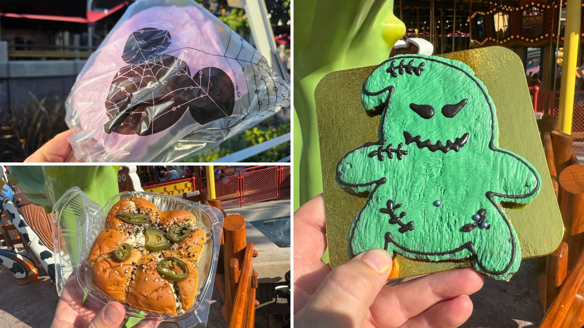 Three Halloween treats: pink cotton candy, jalapeño bread, and a green ODV monster-shaped cookie.