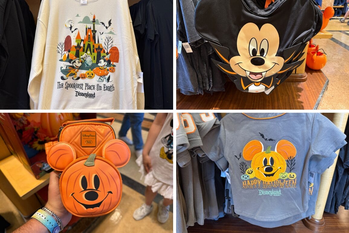 Four images of Disneyland Halloween Merchandise, featuring shirts and bags with Mickey Mouse and pumpkin designs.