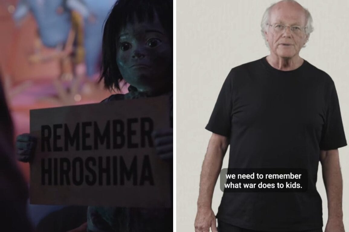 Left: Remember Hiroshima doll sign; right: Man in black shirt shares war's impact—it's a small world for kids.