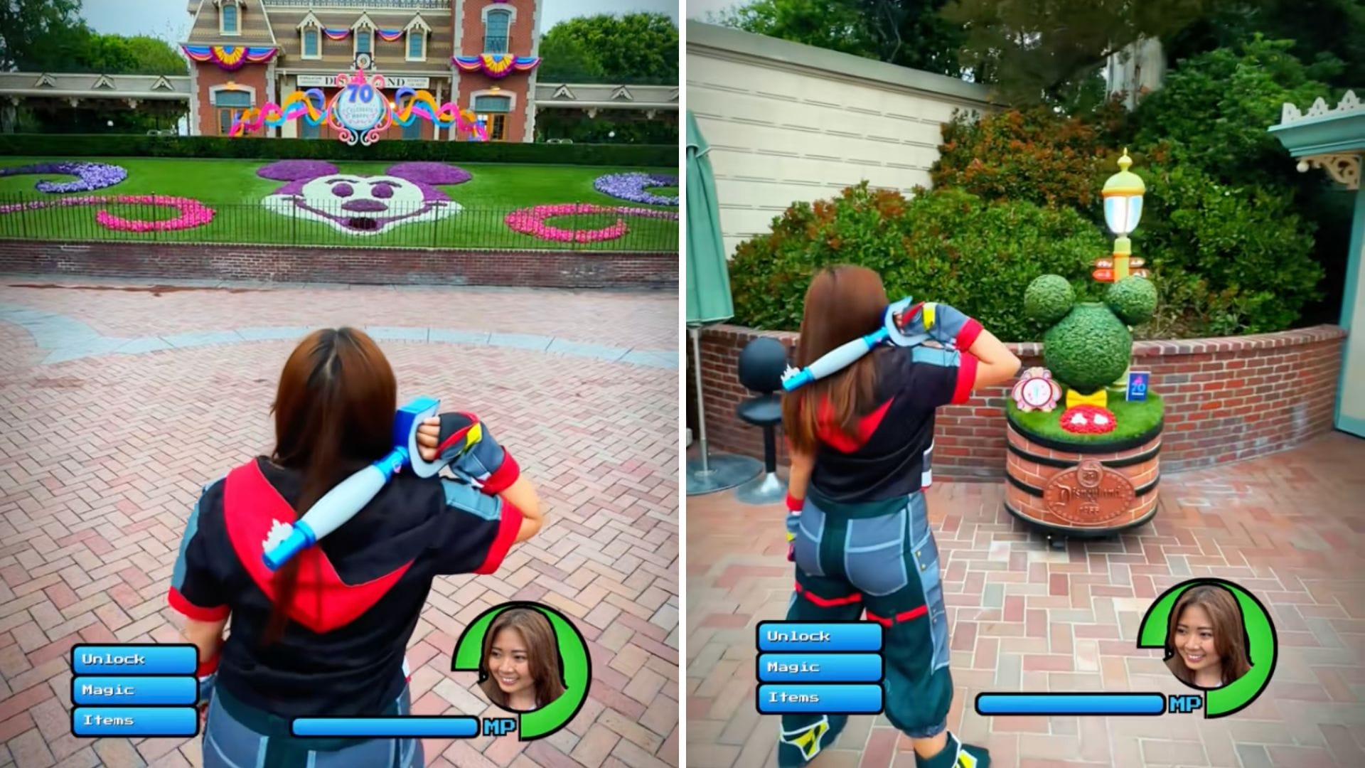 Split-screen image: person in cosplay explores Disneyland with in-game style menus and health bars overlaid.