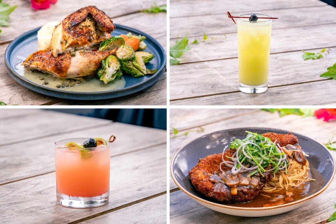 Four photos showcase the new menu at Magic Key Terrace in Disney California Adventure, featuring drinks and savory bites.