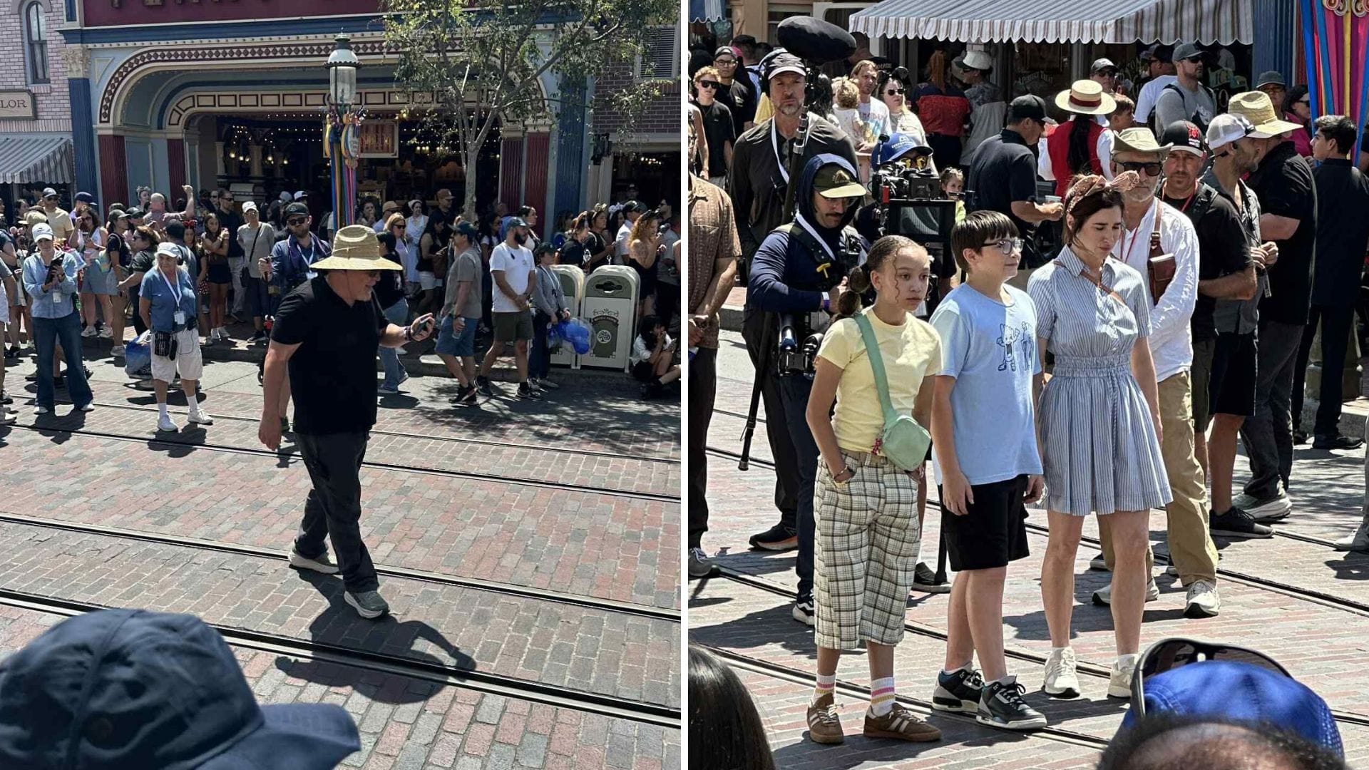 Two photos: A film crew on Main Street; actors in costume, as crowds watch—could it be for Disney+?