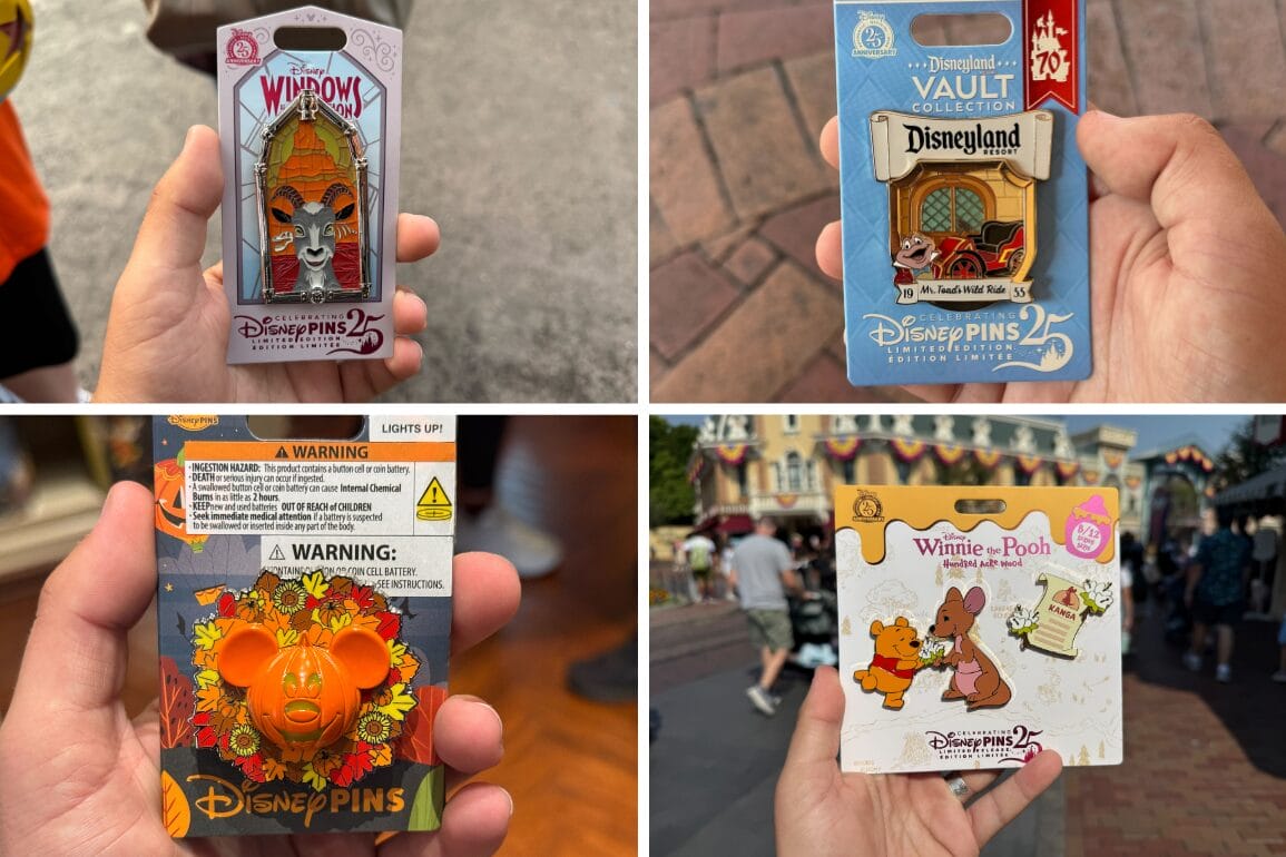 Four collectible Disney pins, including Big Thunder Mountain, are held in hands at Disneyland, each with unique designs.
