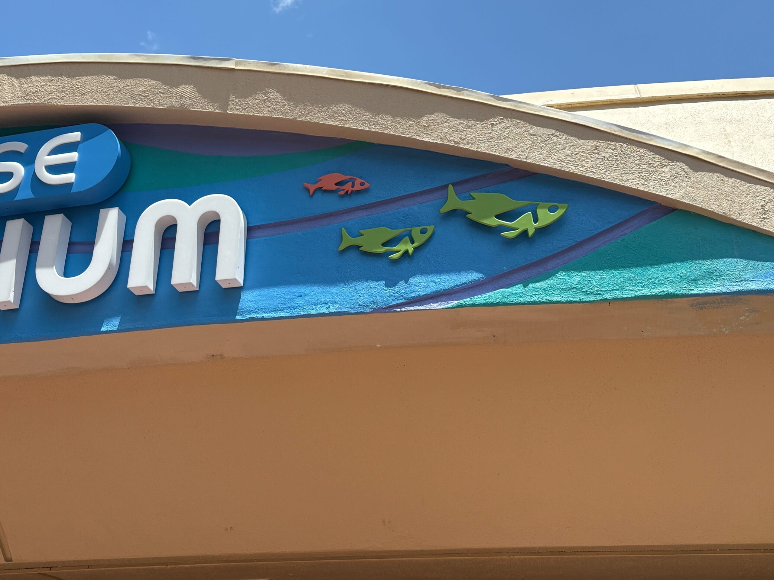 Three fish decorations—two green, one red—adorn a blue-teal wall at the Seas Aquarium in EPCOT.