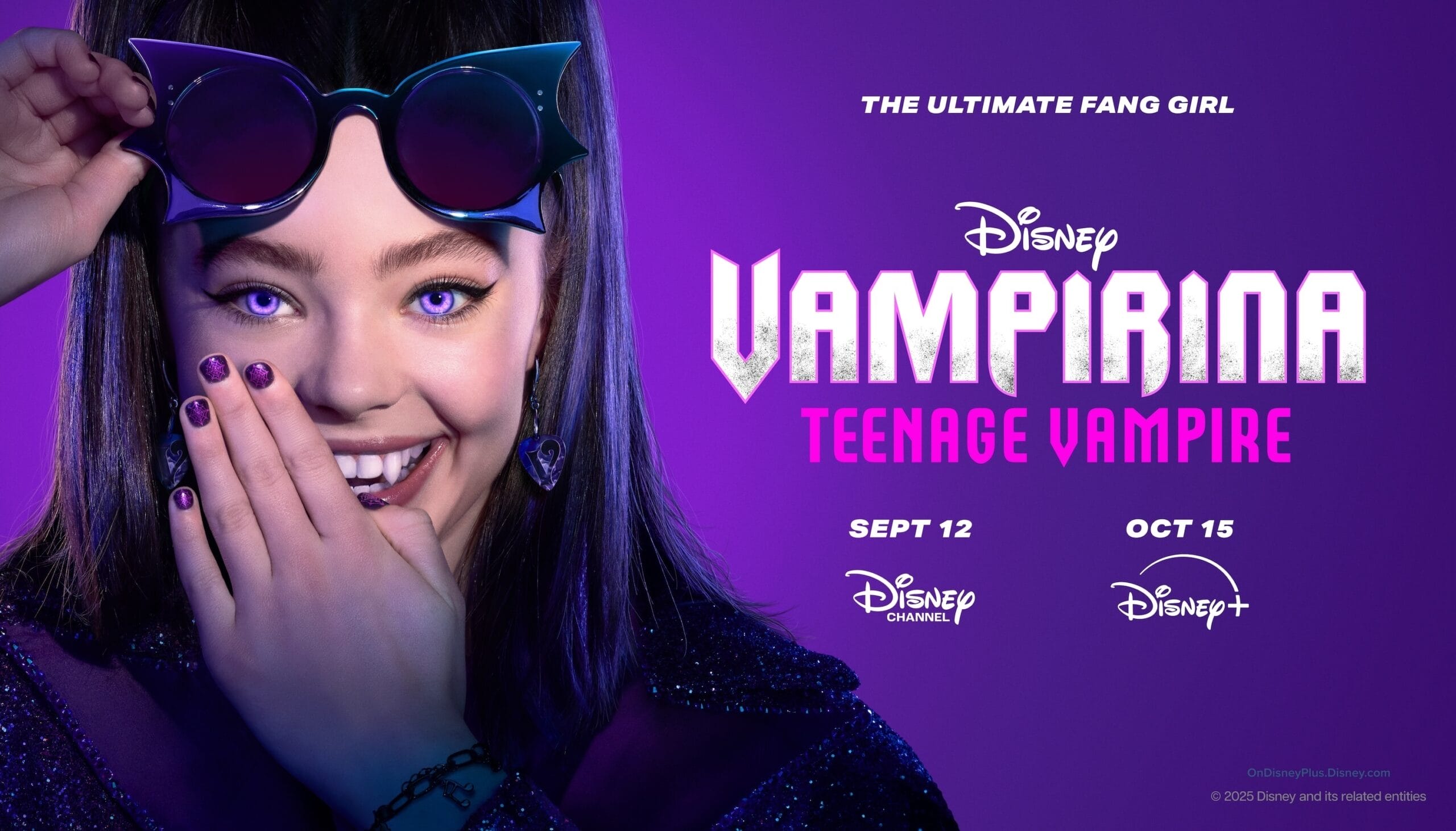 A girl with purple eyes and nails smiles, holding sunglasses; Live-Action Vampirina, Sept 12, Oct 15, Disney+.