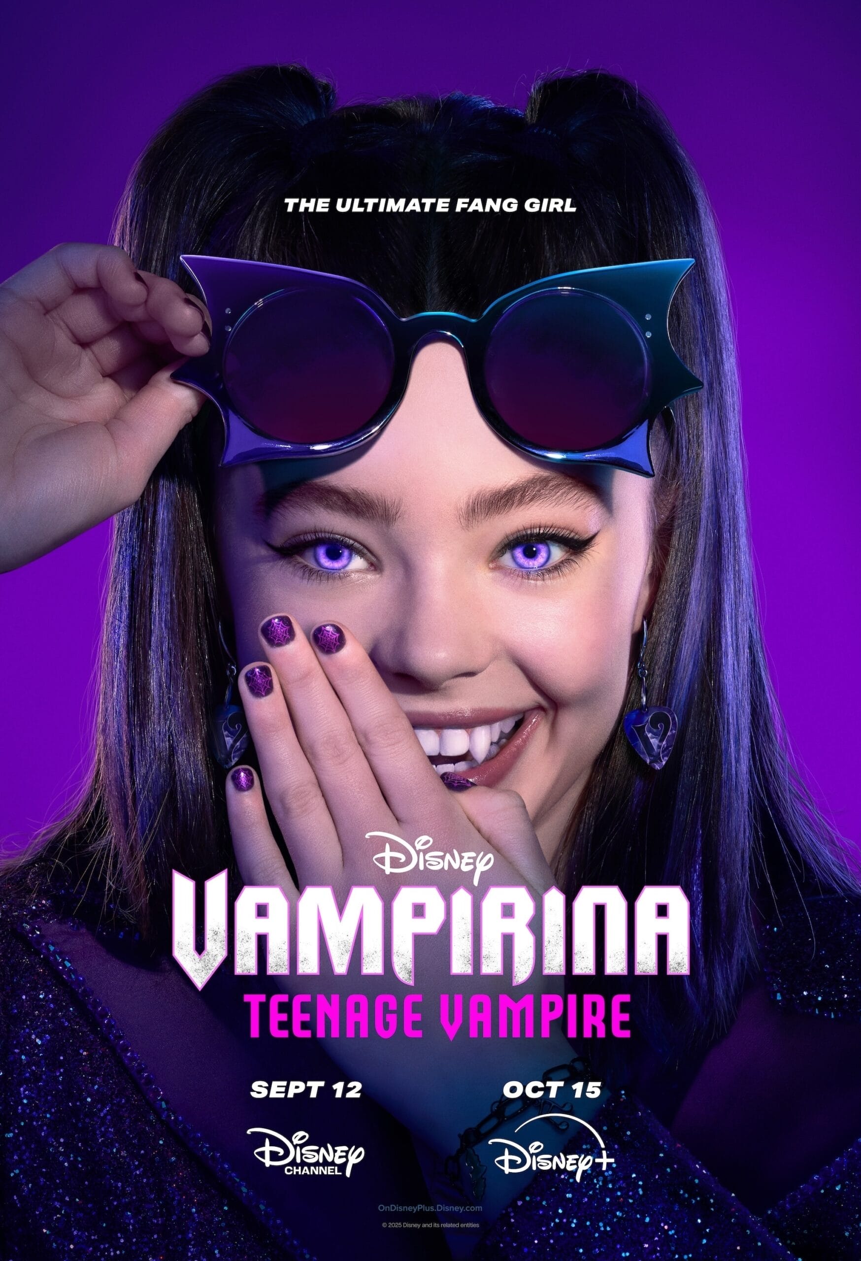 A smiling teen girl with purple eyes and bat sunglasses promotes the Teenage Vampire Series "Vampirina" on Disney.