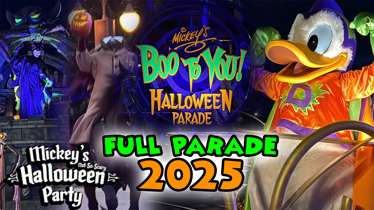 Collage of Disney characters at Mickey's Boo to You Halloween Parade with "Full Parade MNSSHP 2025" in bright green.