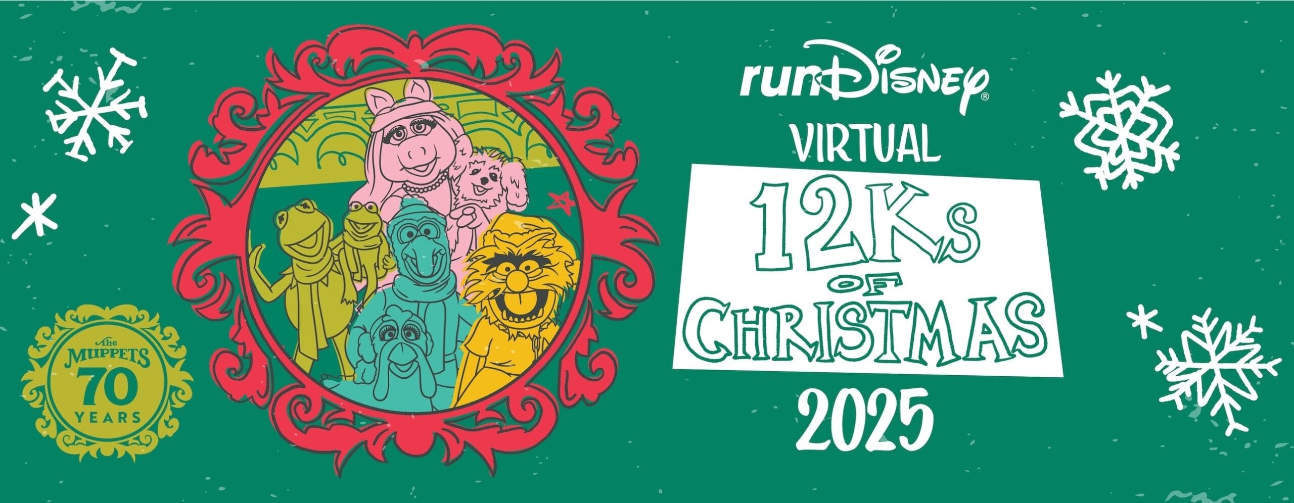 Muppets characters in a festive frame with "runDisney Virtual 12Ks of Christmas 2025" and snowflakes on a green background.
