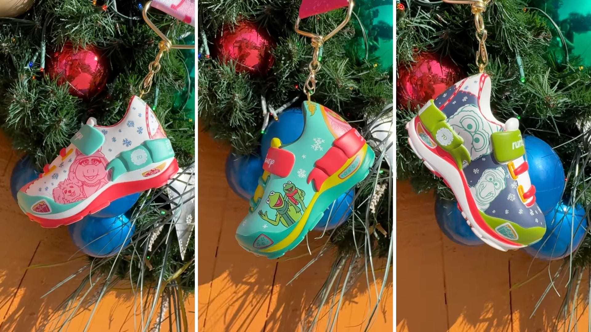 Three colorful sneaker ornaments with Muppets designs hang on a Christmas tree with red and blue decorations.