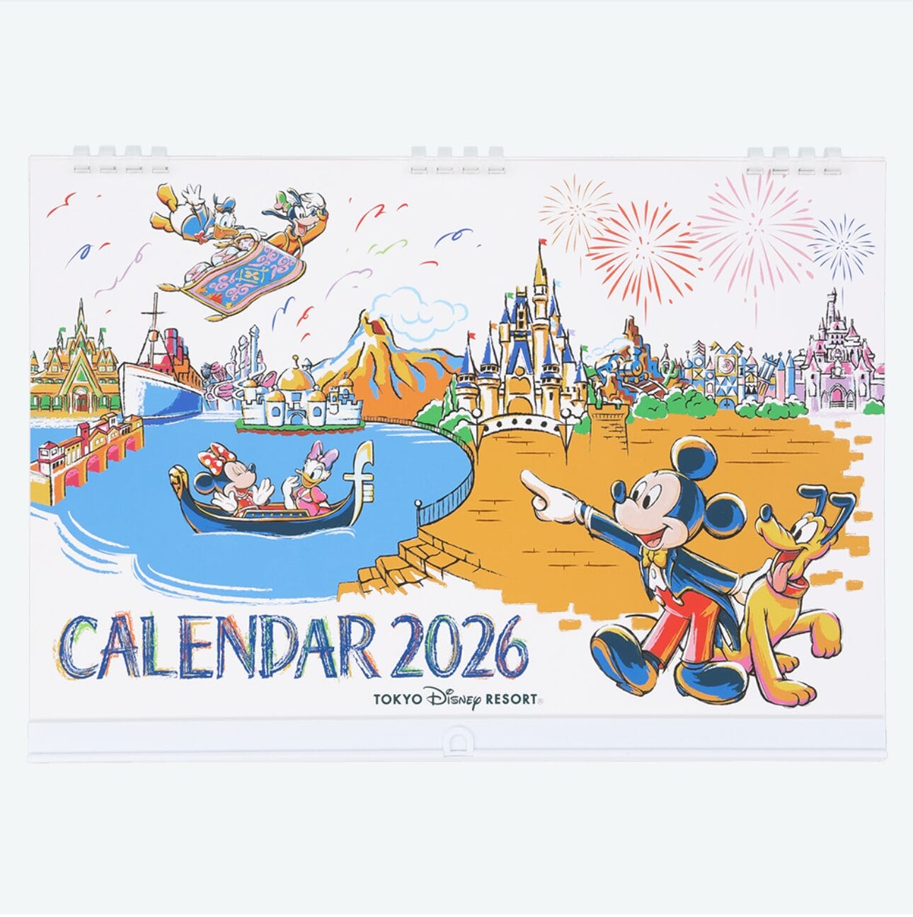 Illustrated 2026 Calendars cover for Tokyo Disney Resort with Mickey, Pluto, Donald, Daisy, Genie, and fireworks.