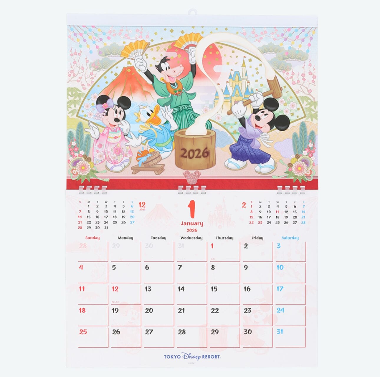 Disney characters in Ear Headbands ring in 2026 on a festive Tokyo Disney Resort January calendar.