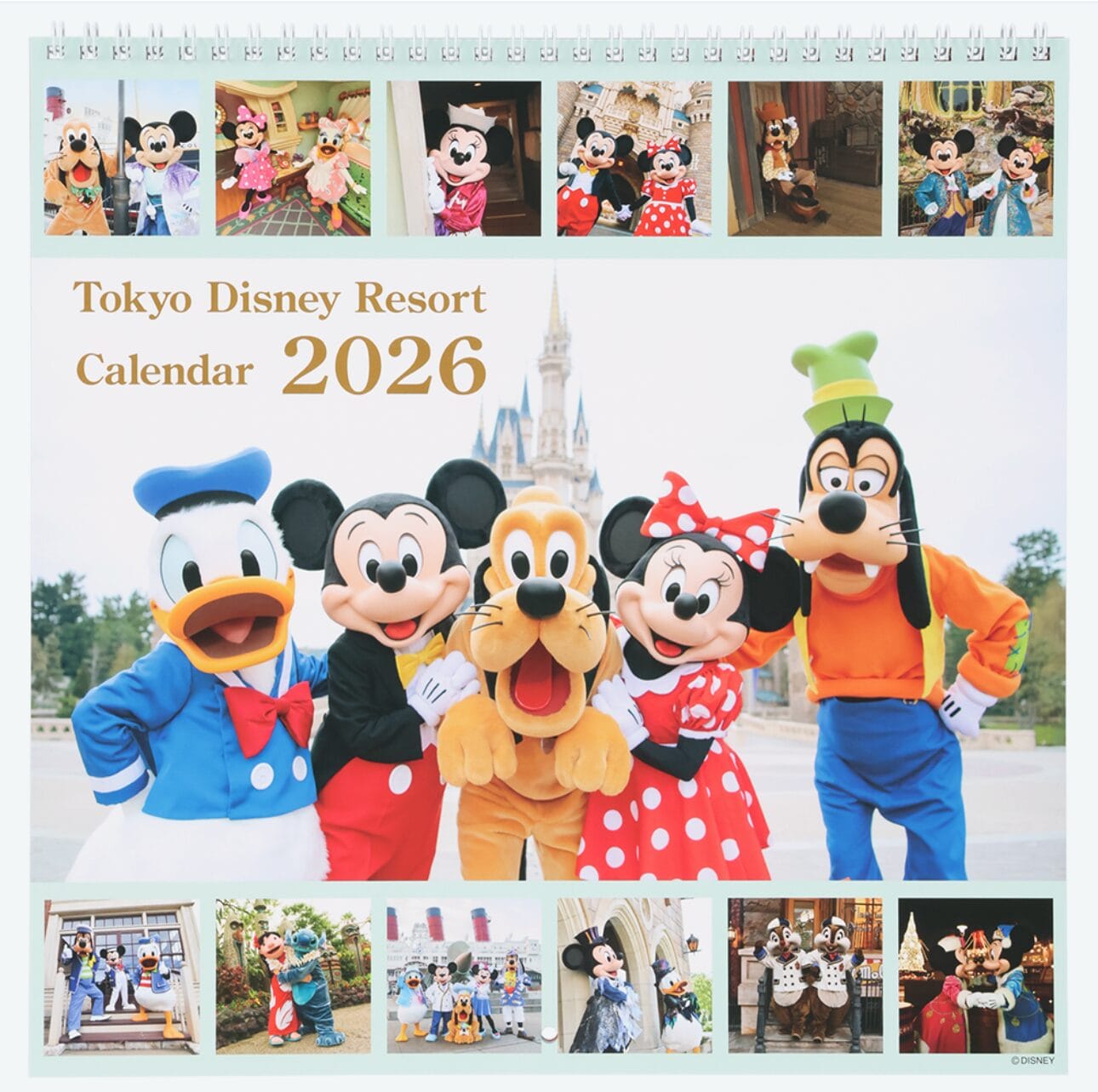 Tokyo Disney Resort 2026 Calendar cover with Mickey, Minnie, Donald, Goofy, and Pluto in front of the castle.