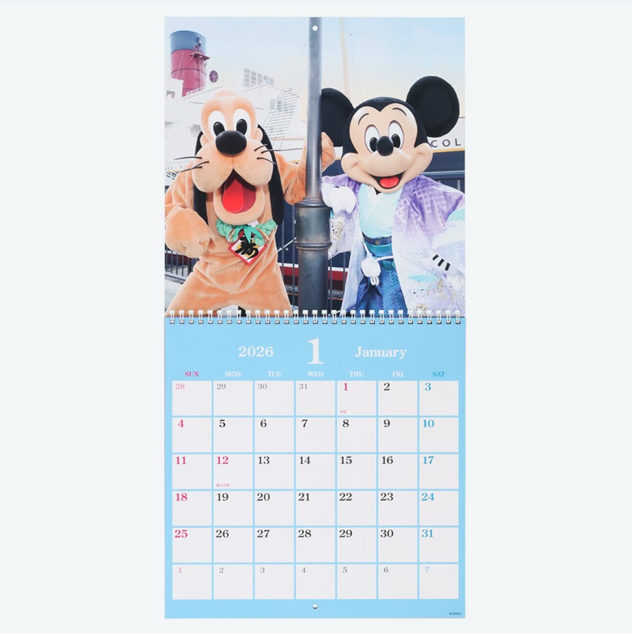Disney 2026 calendar for January with Mickey Mouse and Pluto in festive outfits—perfect for planners or Disney fans.