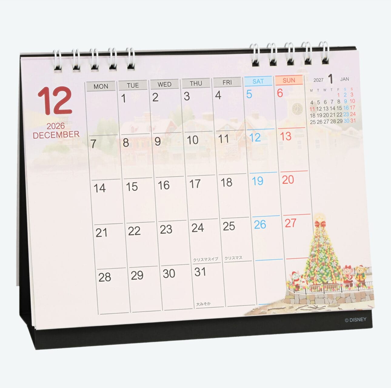 A December 2026 desk calendar with Christmas décor, dates in Japanese/English, and Tokyo Disney Resort charm.