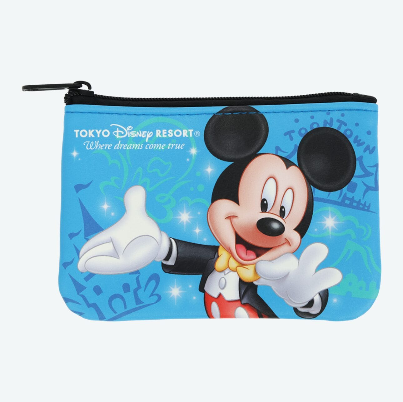 Blue zippered pouch from the New Ticket Pouches lineup, featuring Mickey Mouse and "Tokyo Disney Resort" text on the front.