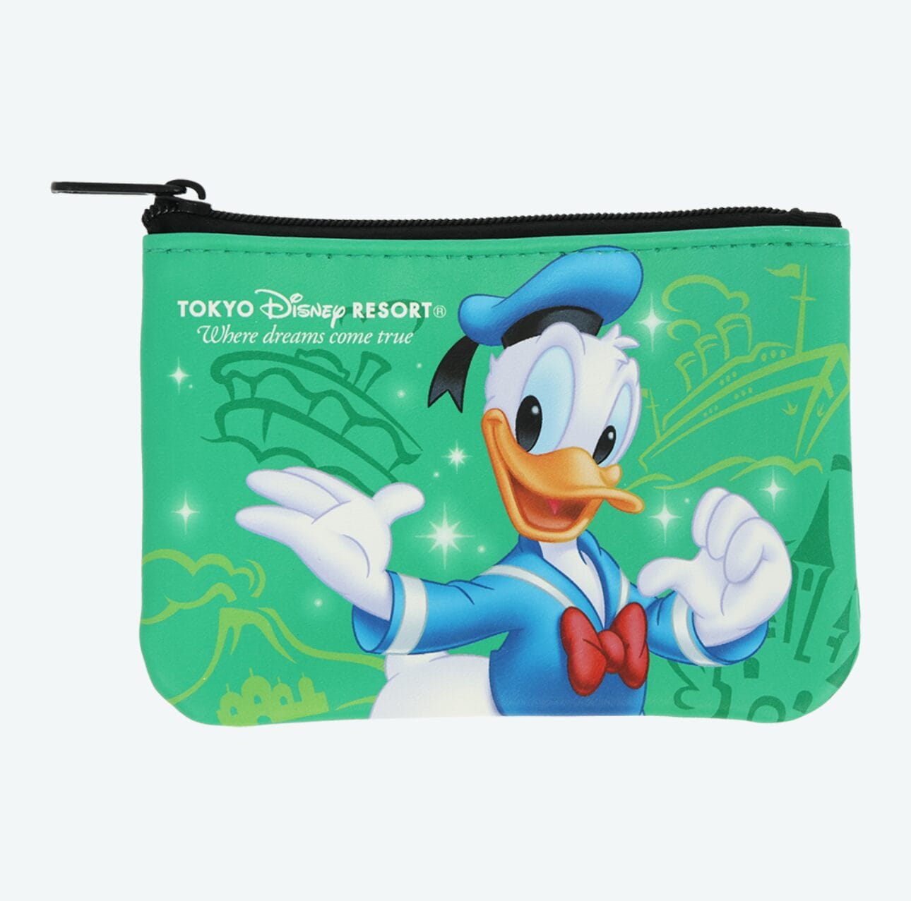 A small green zippered pouch featuring Donald Duck, Tokyo Disney Resort logo, and vibrant 2026 Calendars graphics.